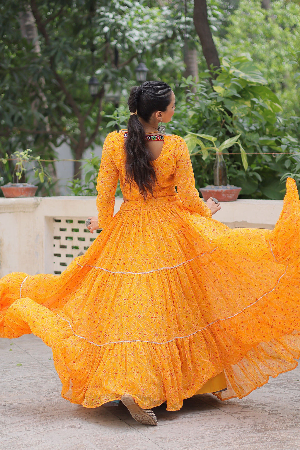Lorenvalley Fashion Yellow Faux Georgette Bandhej Print with Gotta Patti Lace Work Lehenga Choli