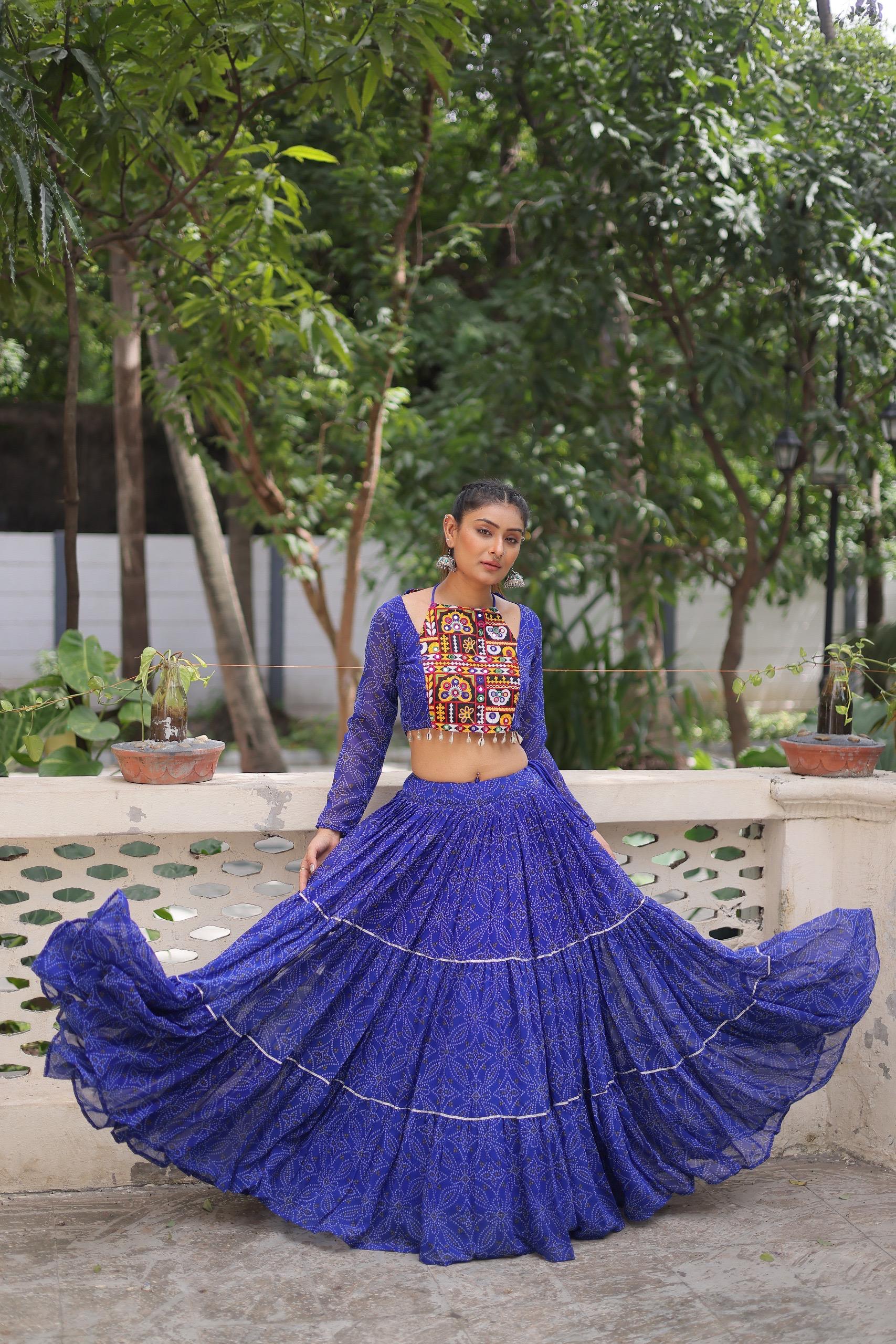 Prazu Fashion Blue Georgette Bandhej Print With Gotta Patti Lehenga For Navratri