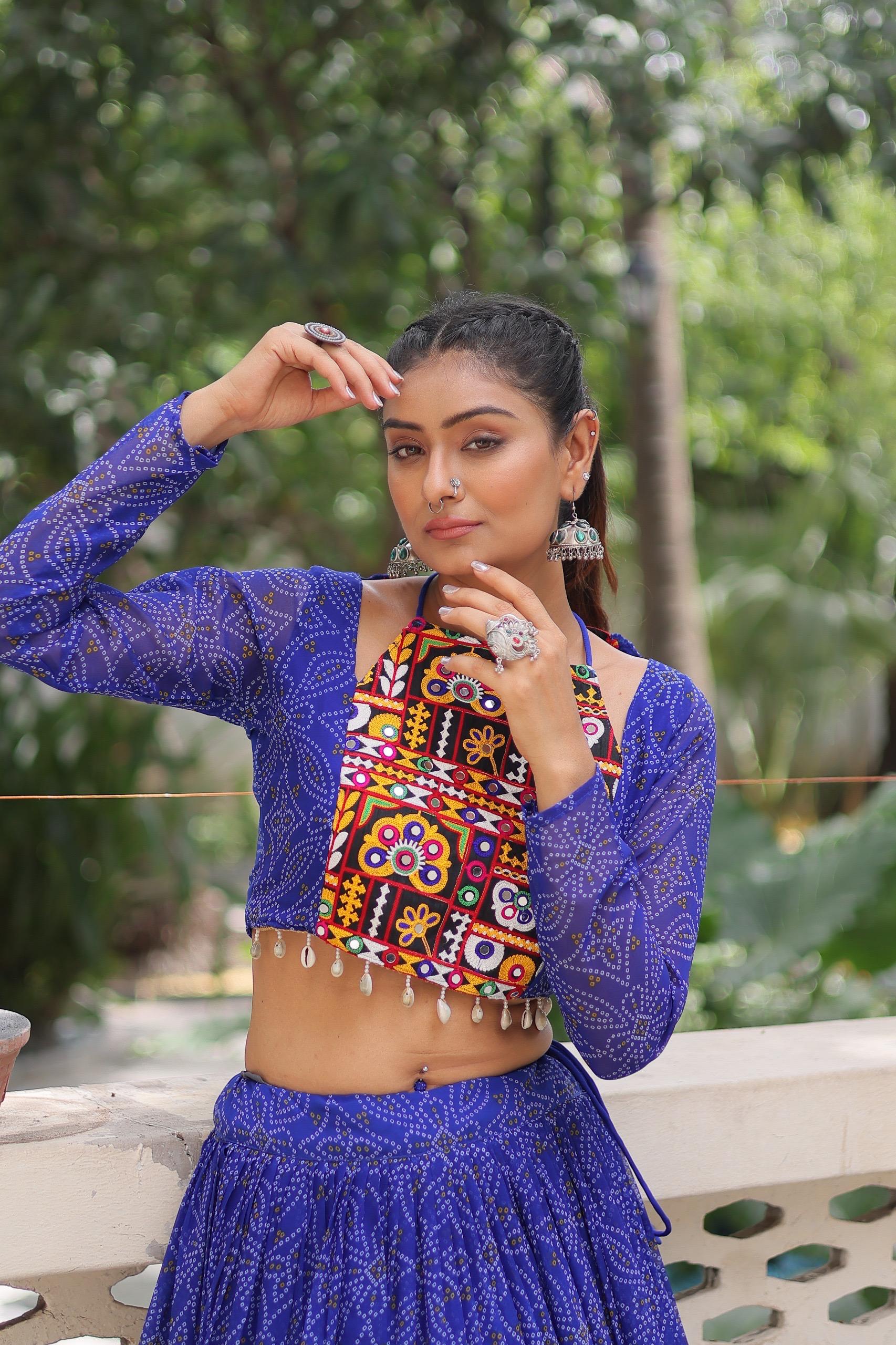Prazu Fashion Blue Georgette Bandhej Print With Gotta Patti Lehenga For Navratri
