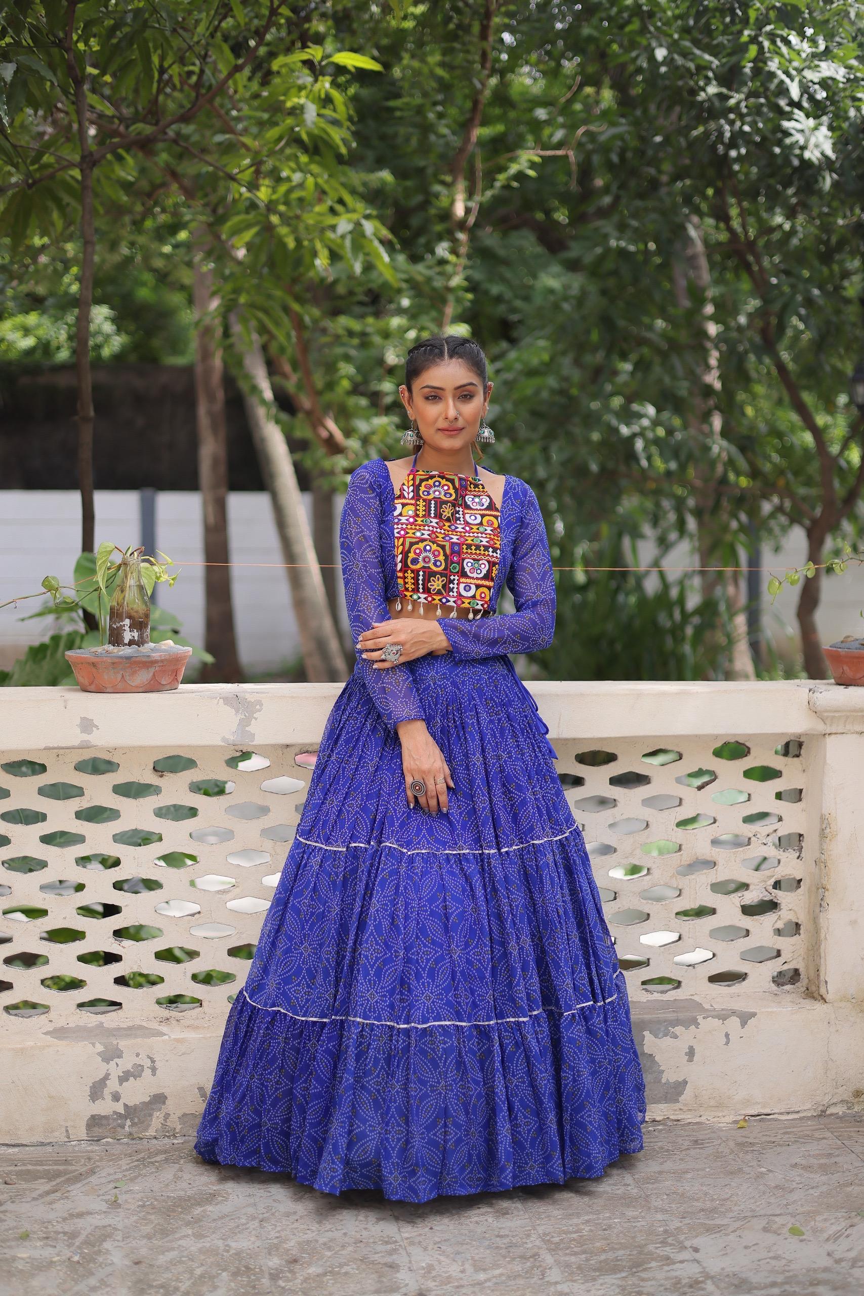 Prazu Fashion Blue Georgette Bandhej Print With Gotta Patti Lehenga For Navratri