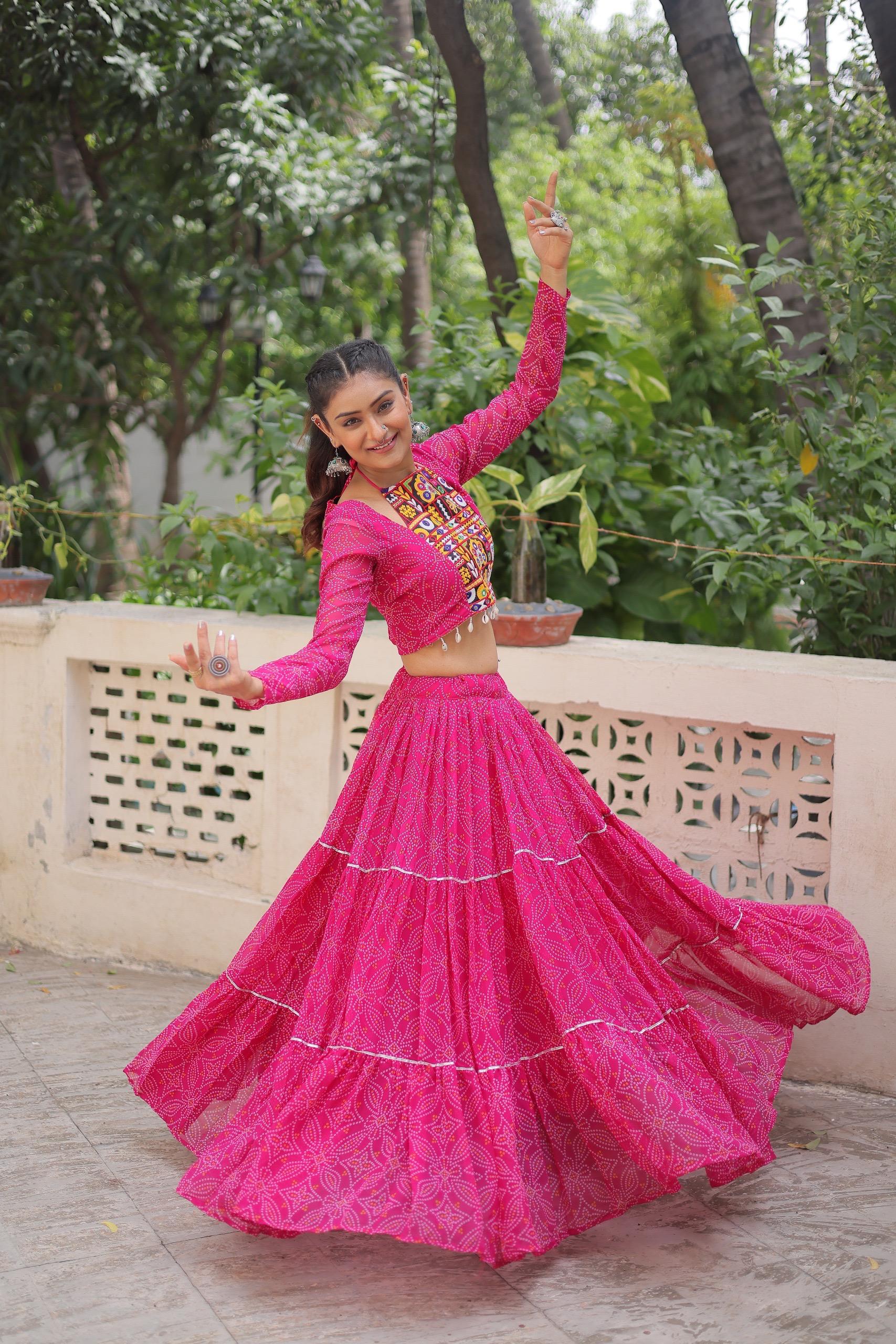 Prazu Fashion Pink Georgette Bandhej Print With Gotta Patti Lehenga For Navratri