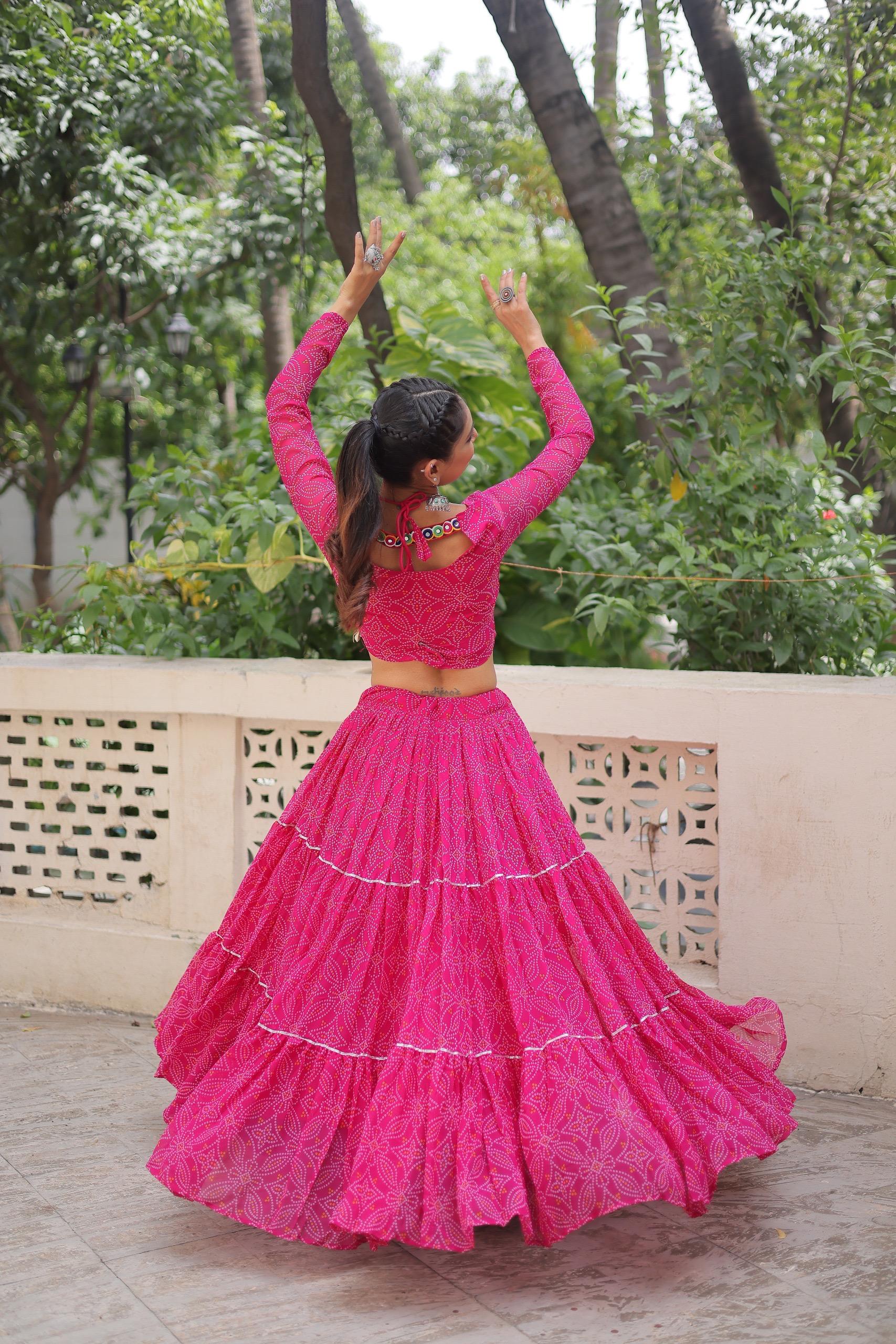 Prazu Fashion Pink Georgette Bandhej Print With Gotta Patti Lehenga For Navratri