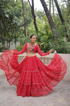 Prazu Fashion Red Georgette Bandhej Print With Gotta Patti Lehenga For Navratri