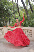 Prazu Fashion Red Georgette Bandhej Print With Gotta Patti Lehenga For Navratri