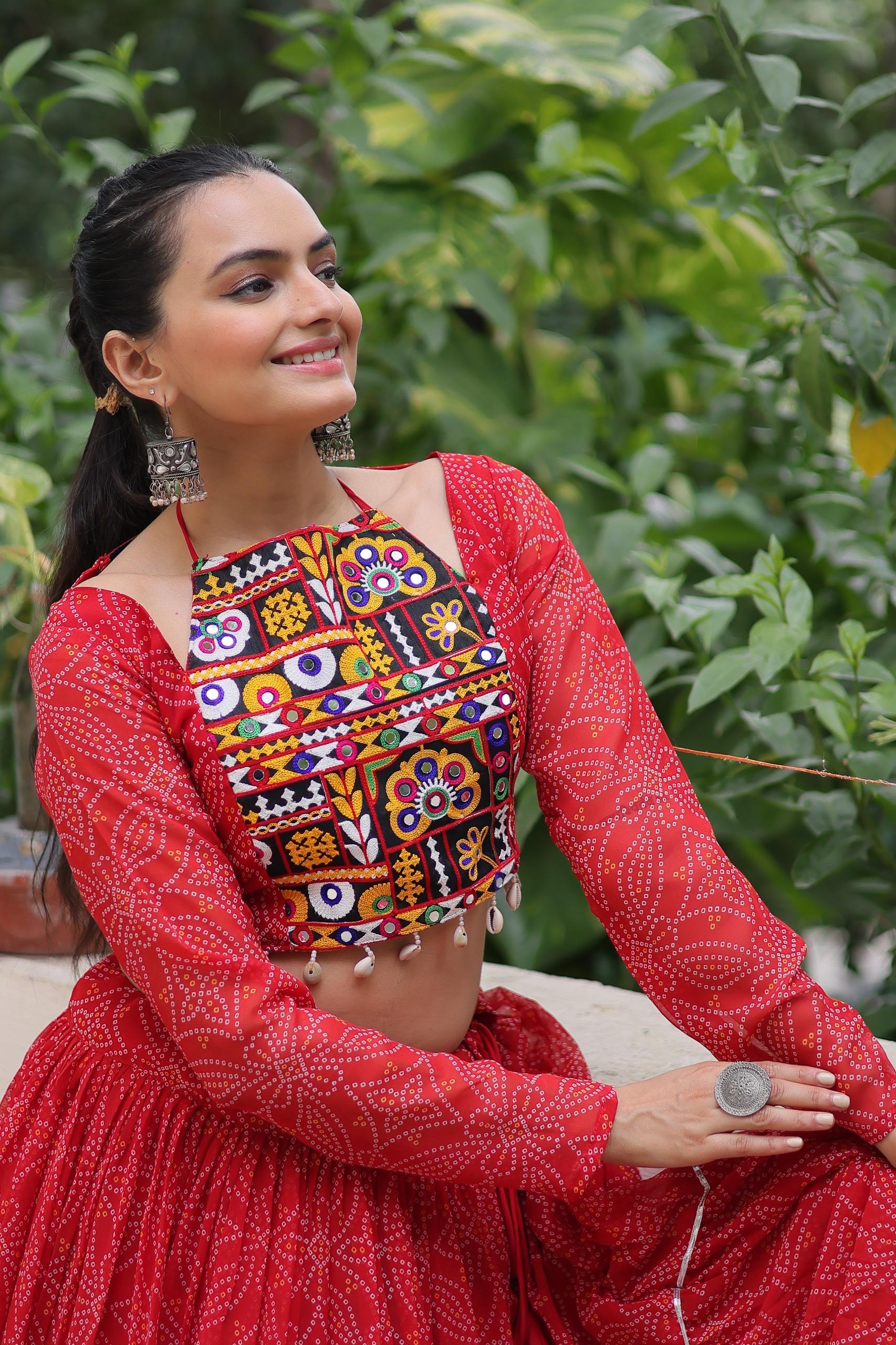 Prazu Fashion Red Georgette Bandhej Print With Gotta Patti Lehenga For Navratri