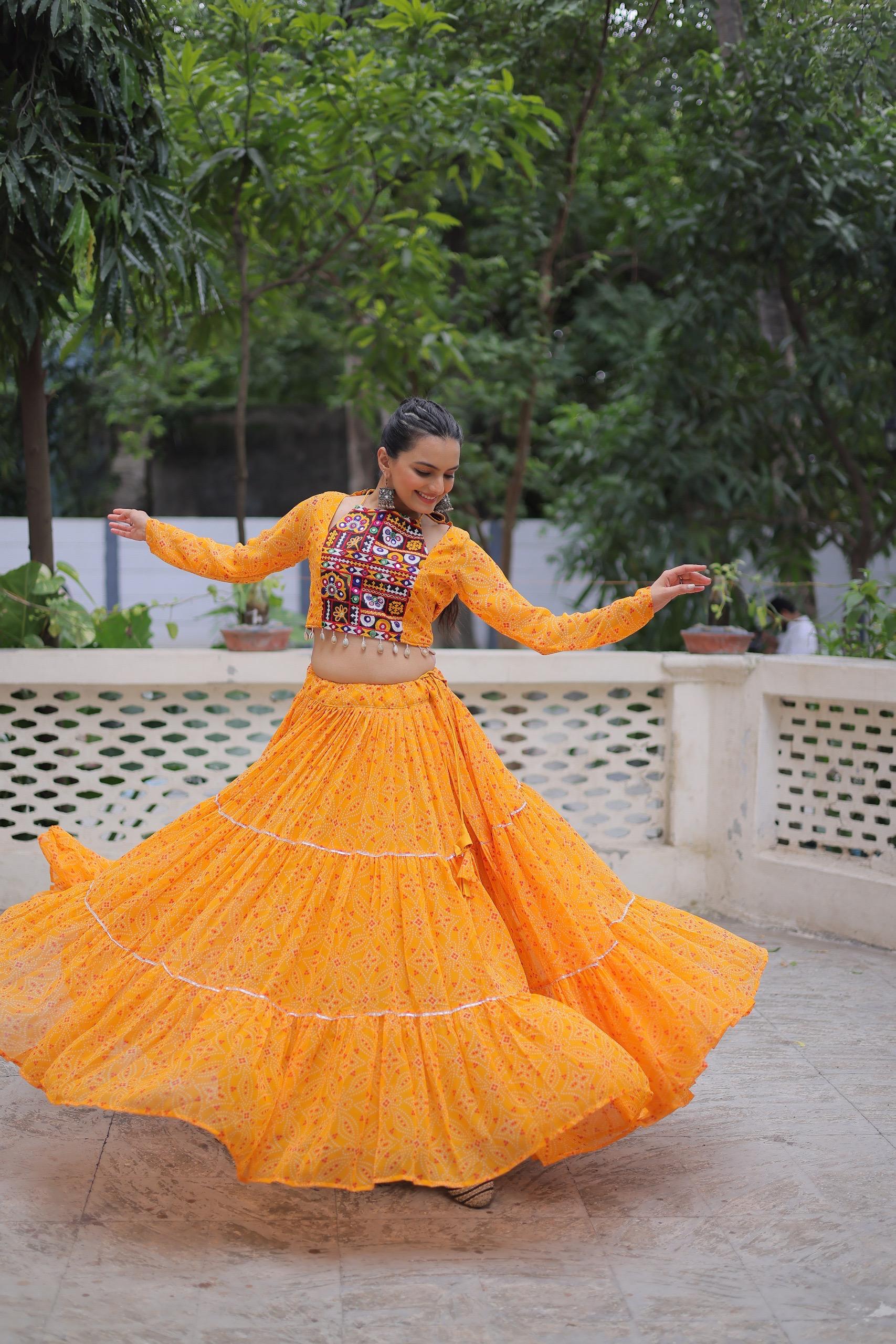 Prazu Fashion Yellow Georgette Bandhej Print With Gotta Patti Lehenga For Navratri