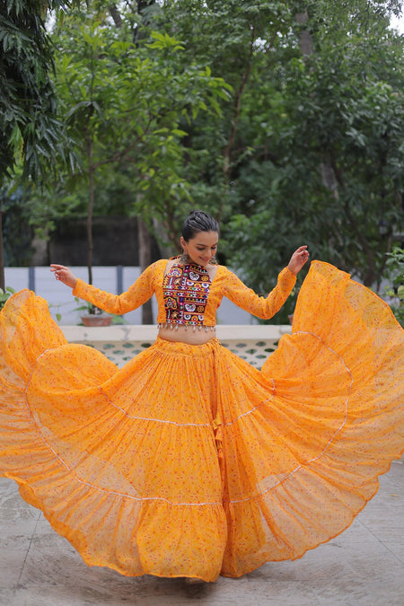 Prazu Fashion Yellow Georgette Bandhej Print With Gotta Patti Lehenga For Navratri
