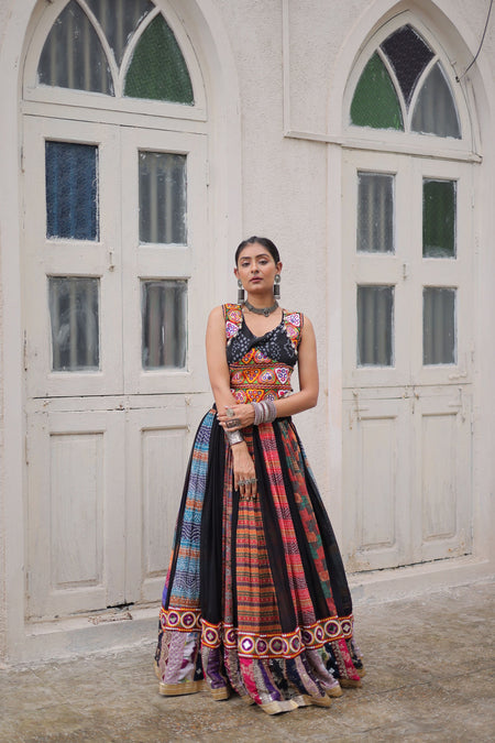 Lorenvalley Fashion Multicolor Georgette print and attractive combination Of Gamthi Embroidered & Embellished work Lehenga Choli
