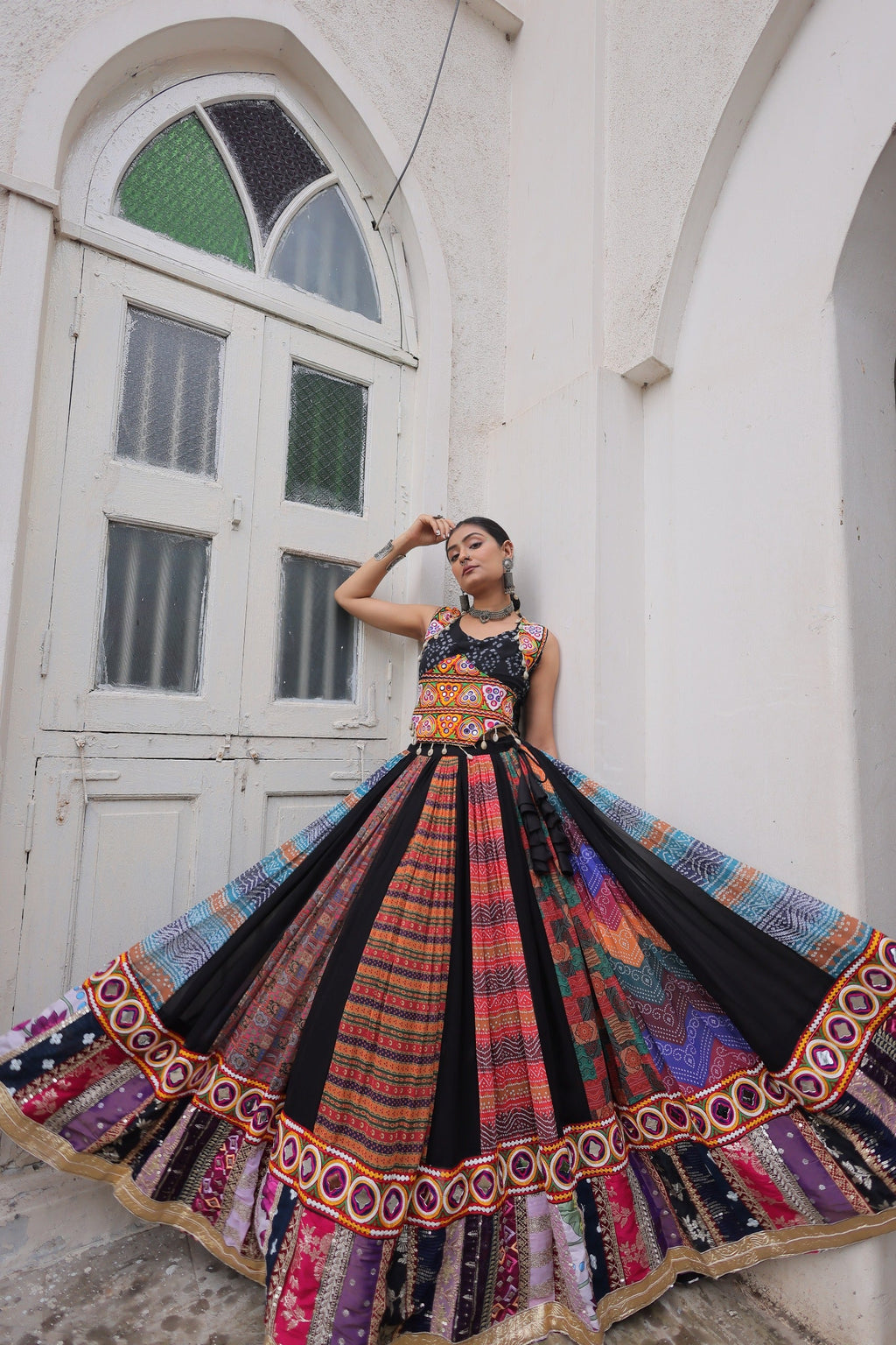 Prazu Fashion Black Georgette Print With Gamthi Work Navratri Lehenga
