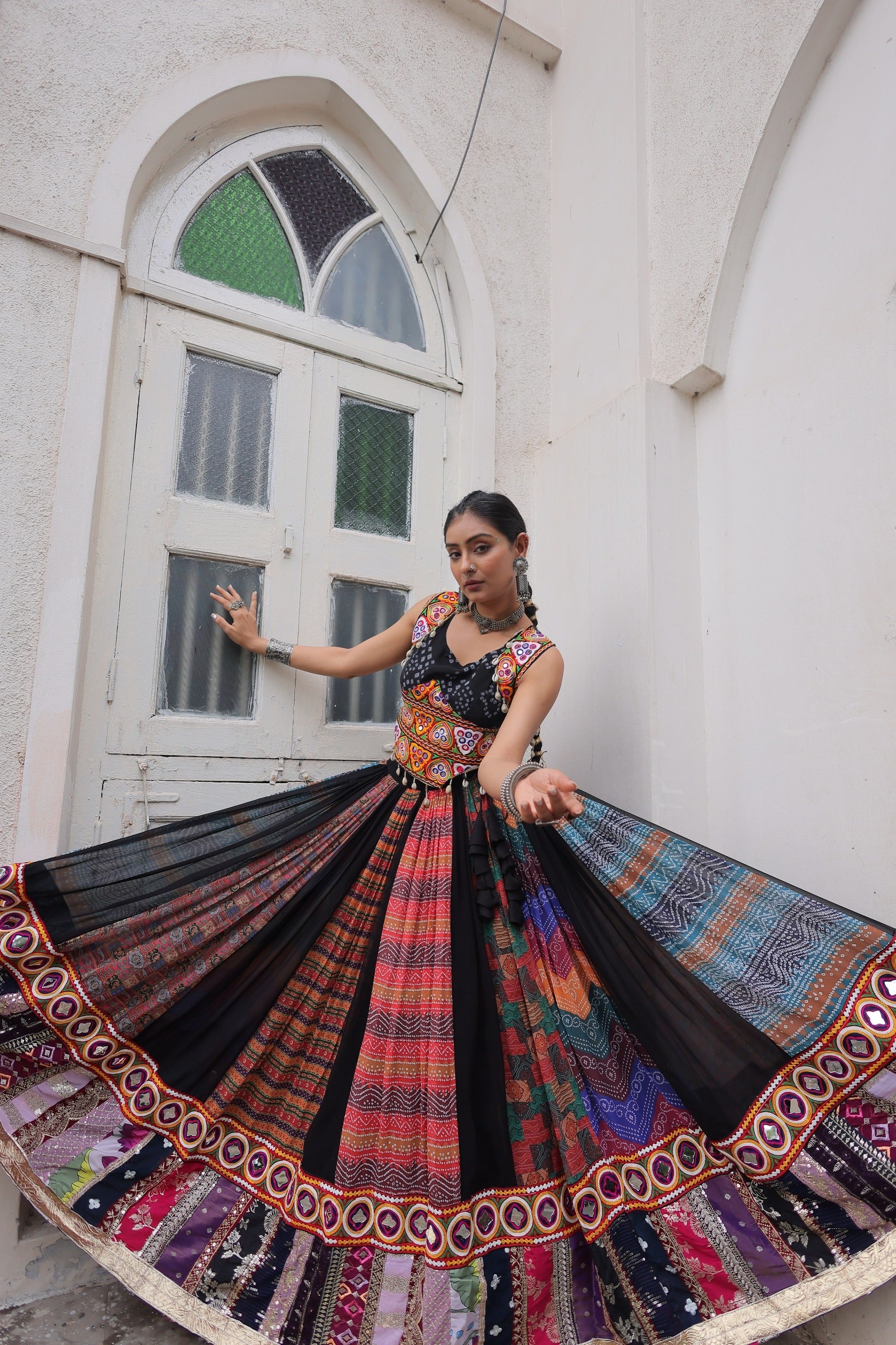 Prazu Fashion Black Georgette Print With Gamthi Work Navratri Lehenga