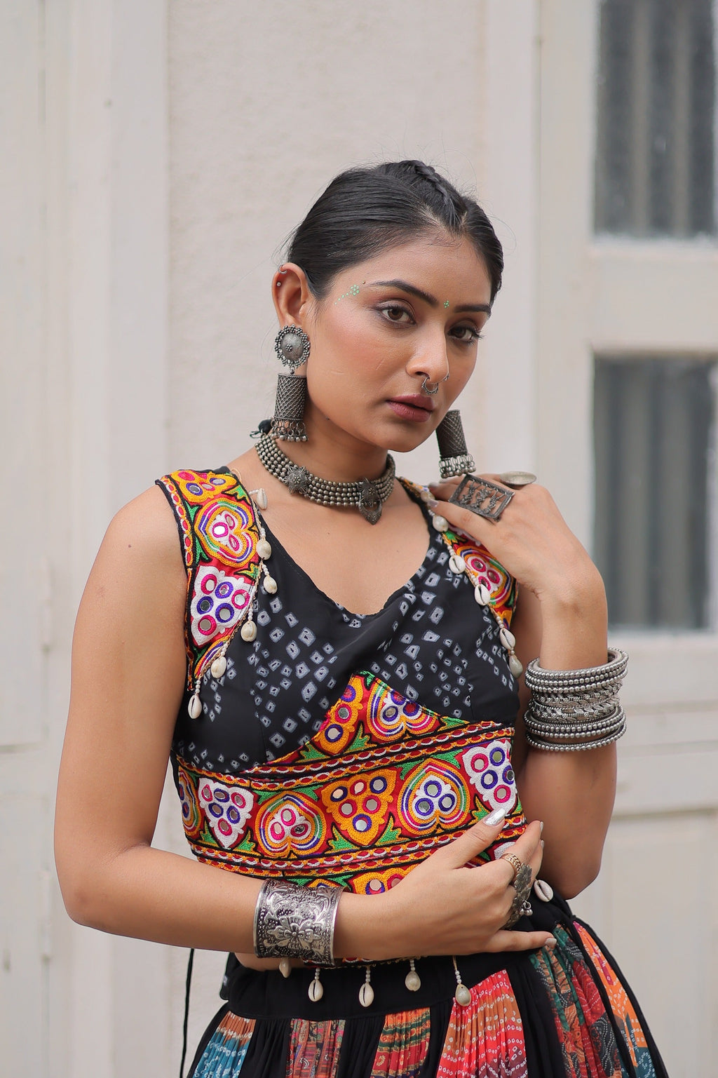 Prazu Fashion Black Georgette Print With Gamthi Work Navratri Lehenga