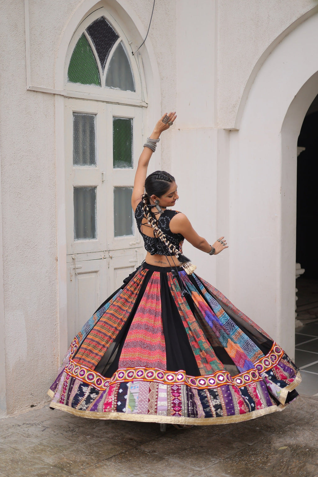 Prazu Fashion Black Georgette Print With Gamthi Work Navratri Lehenga