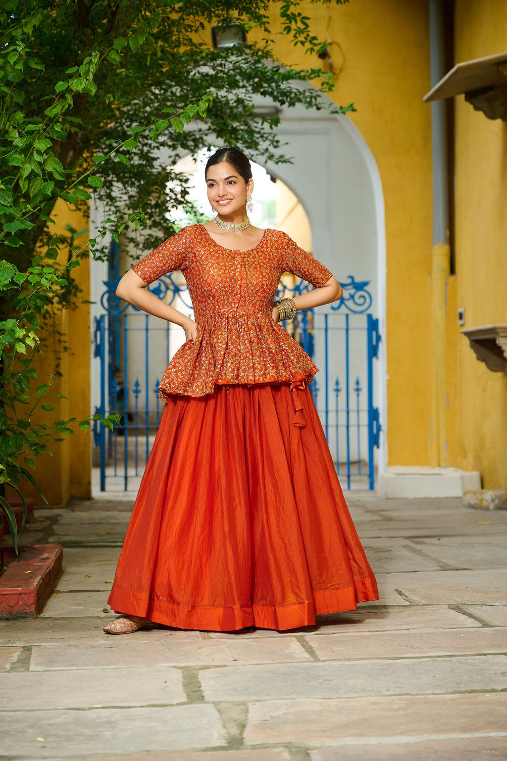 Lorenvalley Fashion Orange Fendy Silk Plain Lehenga with Embroidered work Choli