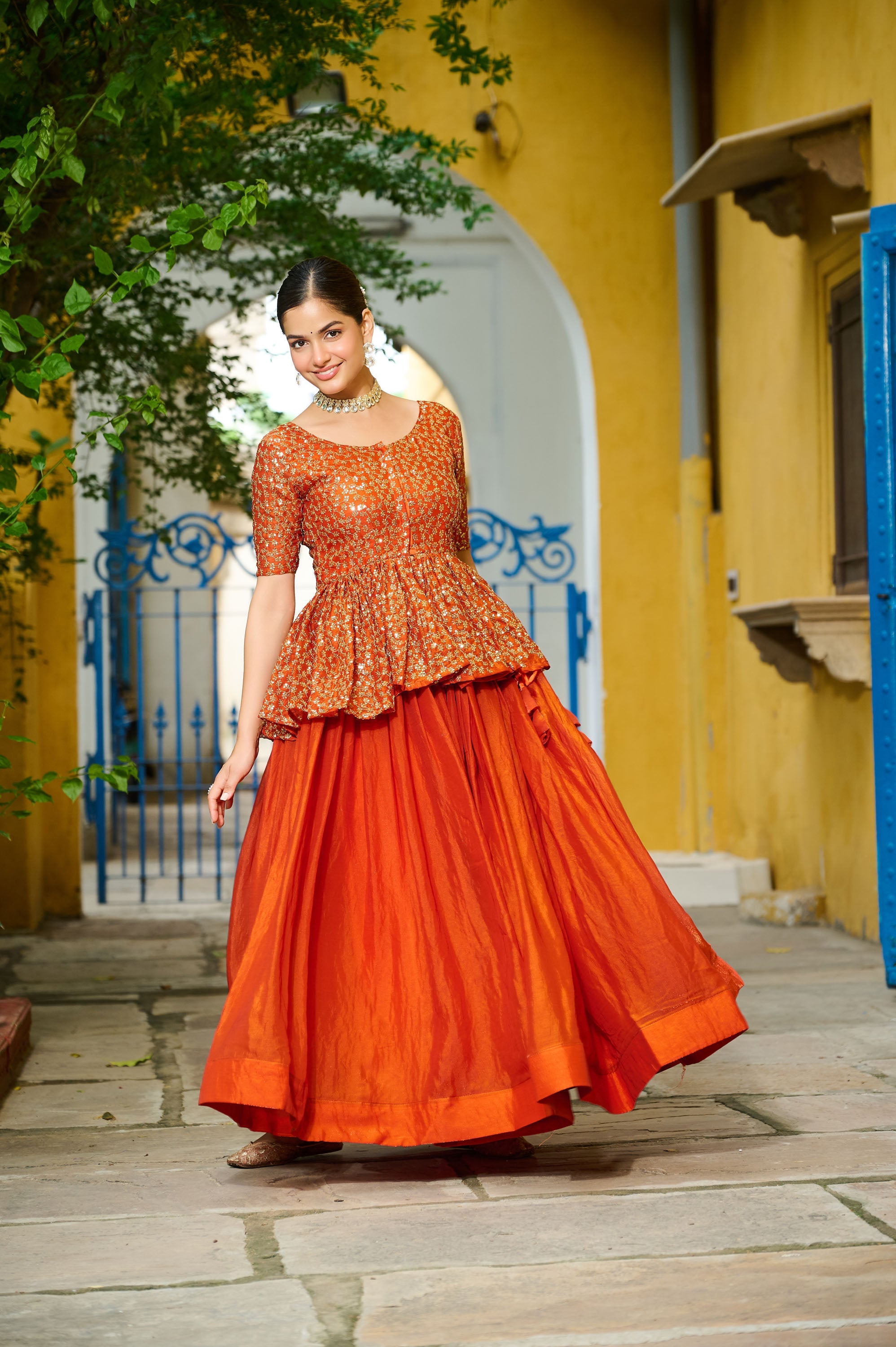Lorenvalley Fashion Orange Fendy Silk Plain Lehenga with Embroidered work Choli