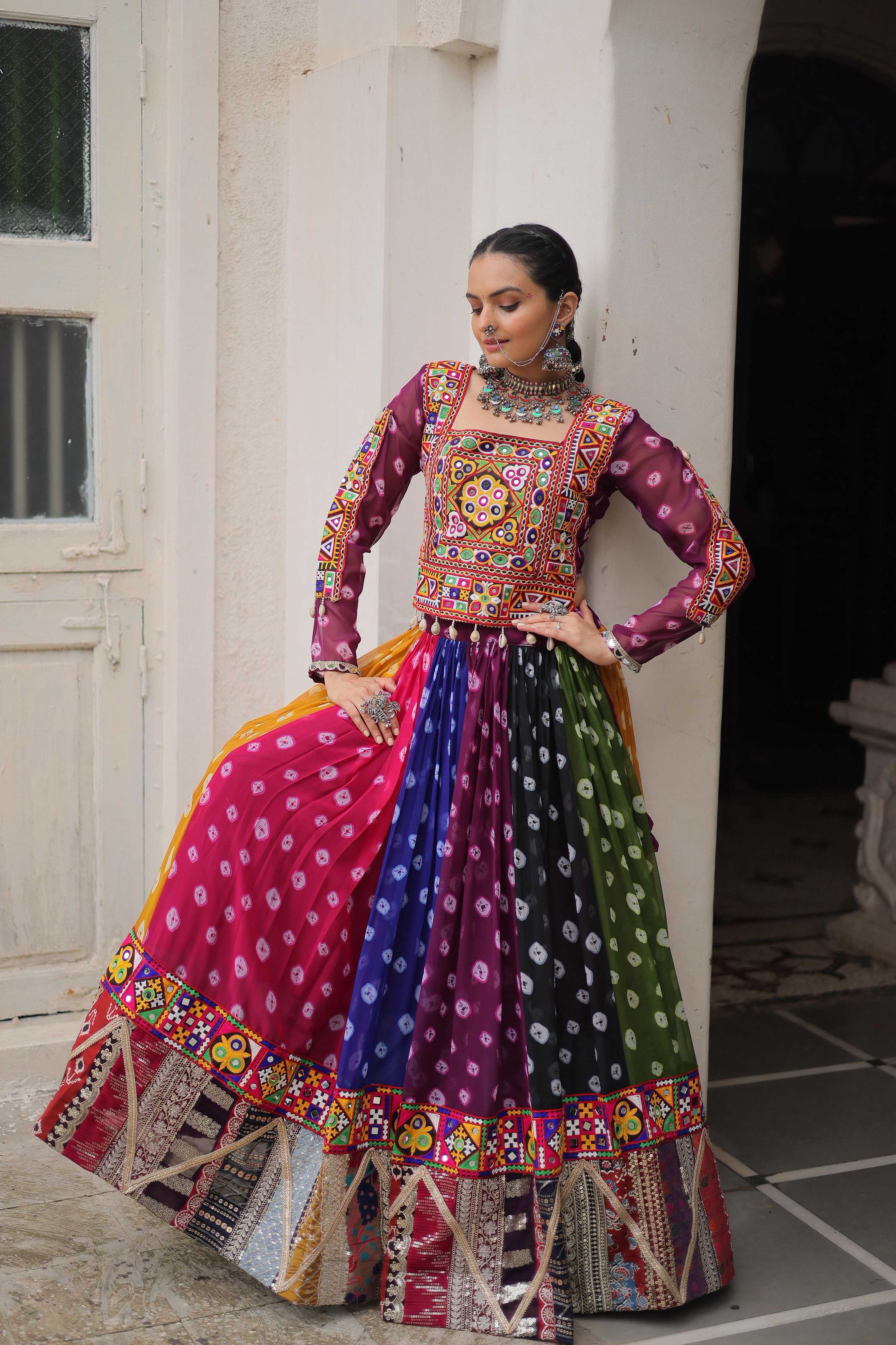Prazu Fashion Multi Color Georgette With Kutchi Gamthi Work Lehenga For Navratri