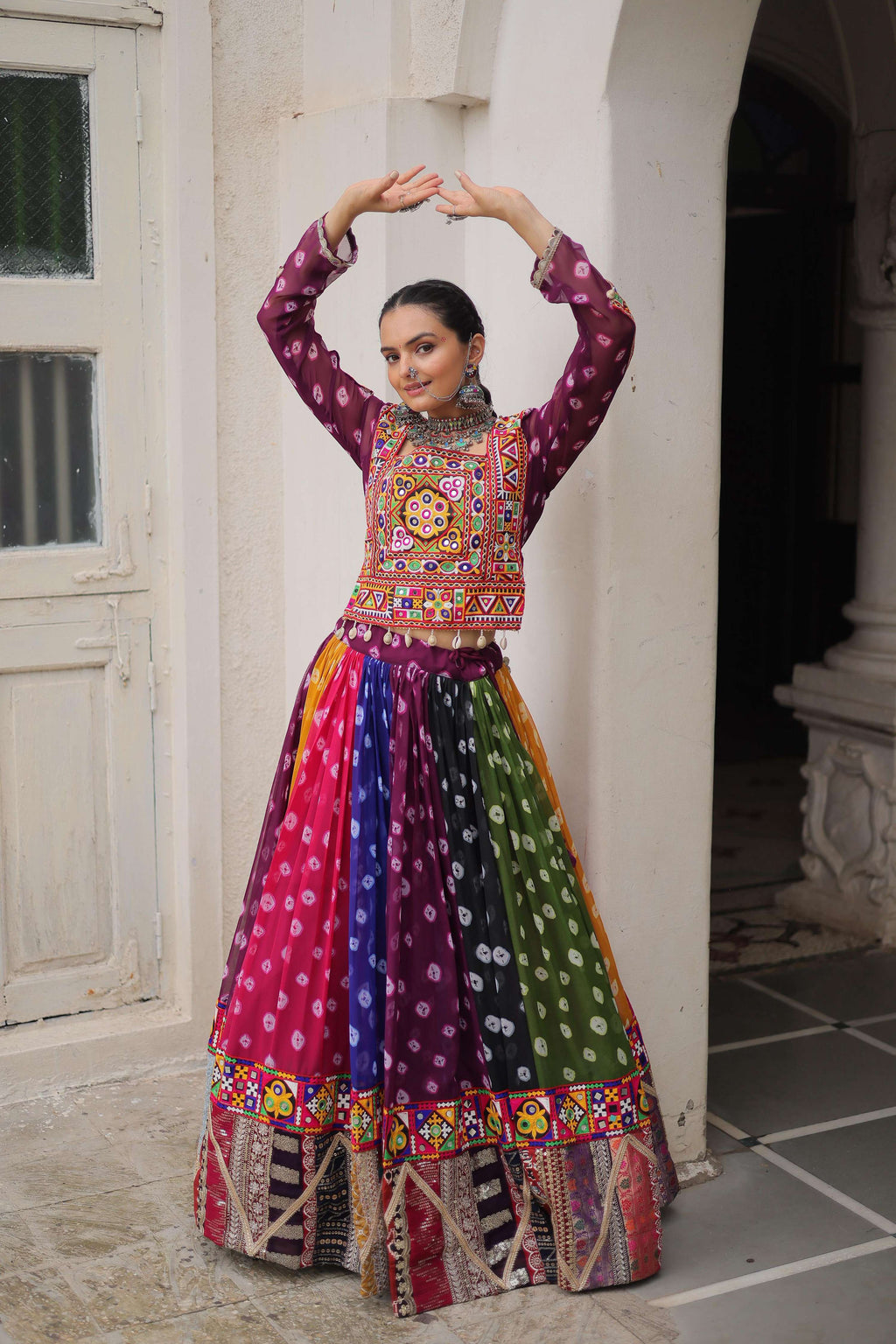 Prazu Fashion Multi Color Georgette With Kutchi Gamthi Work Lehenga For Navratri