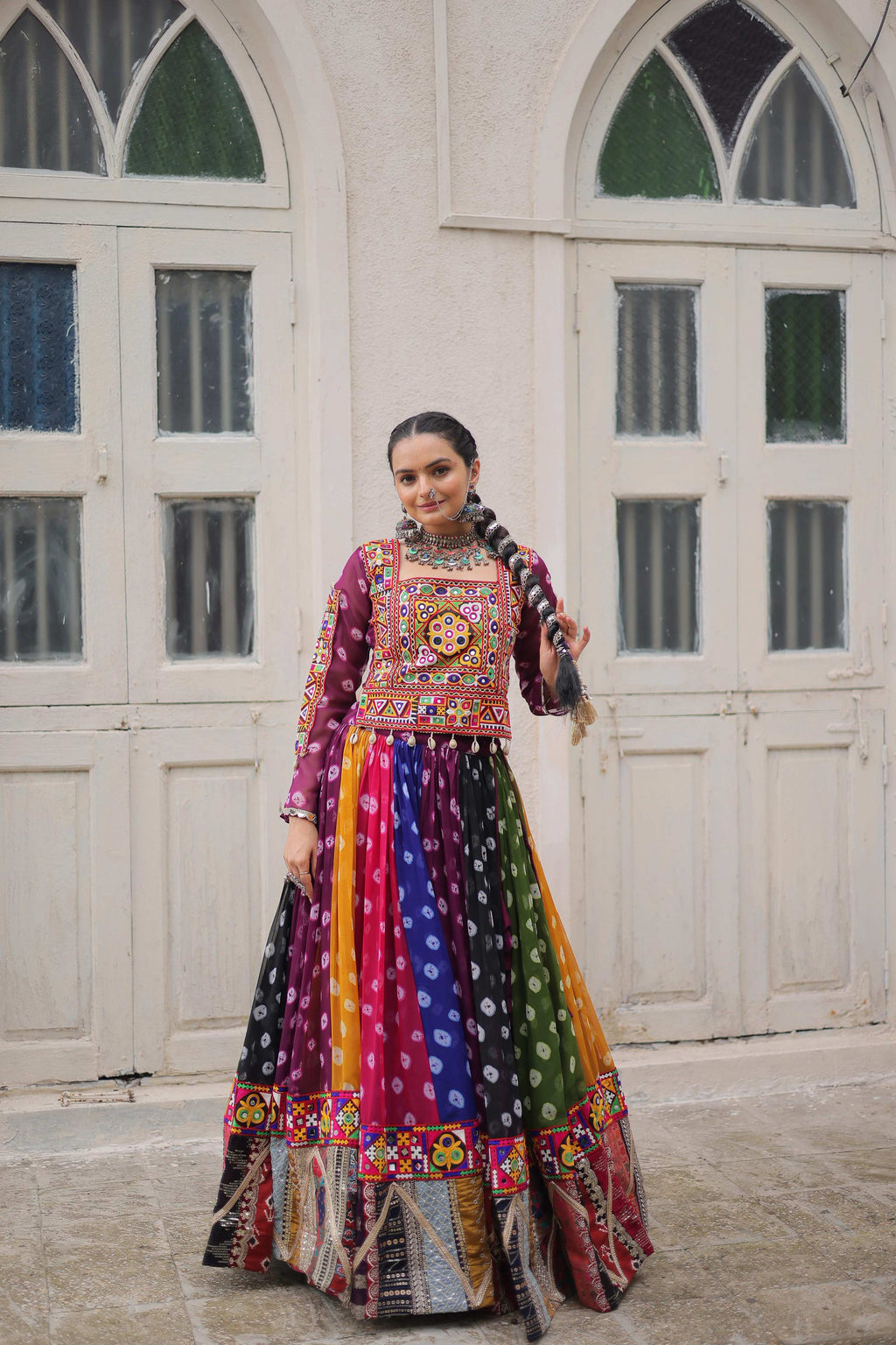 Prazu Fashion Multi Color Georgette With Kutchi Gamthi Work Lehenga For Navratri