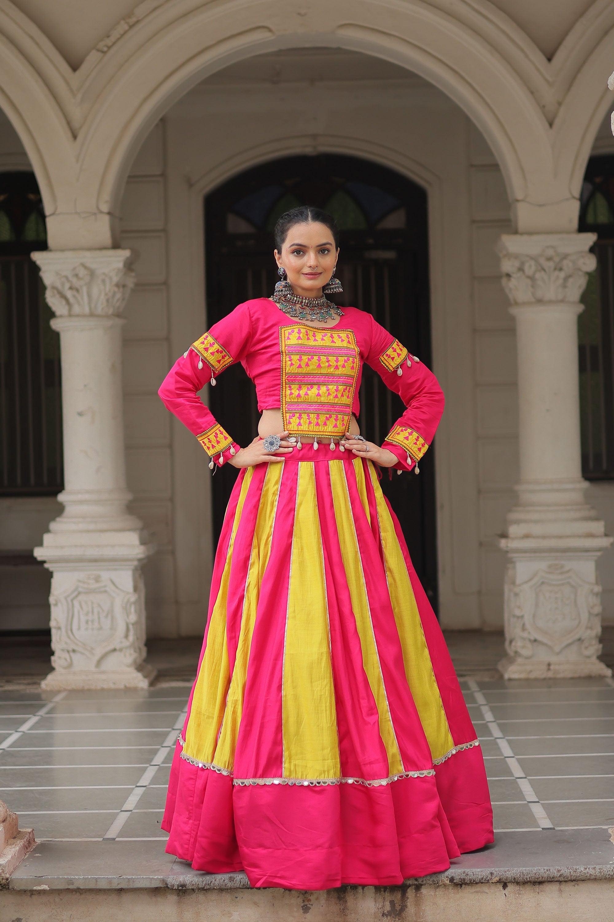 Lorenvalley Fashion Multicolor Roman Silk with attractive combination of Mirror lace embellished work Lehenga Choli