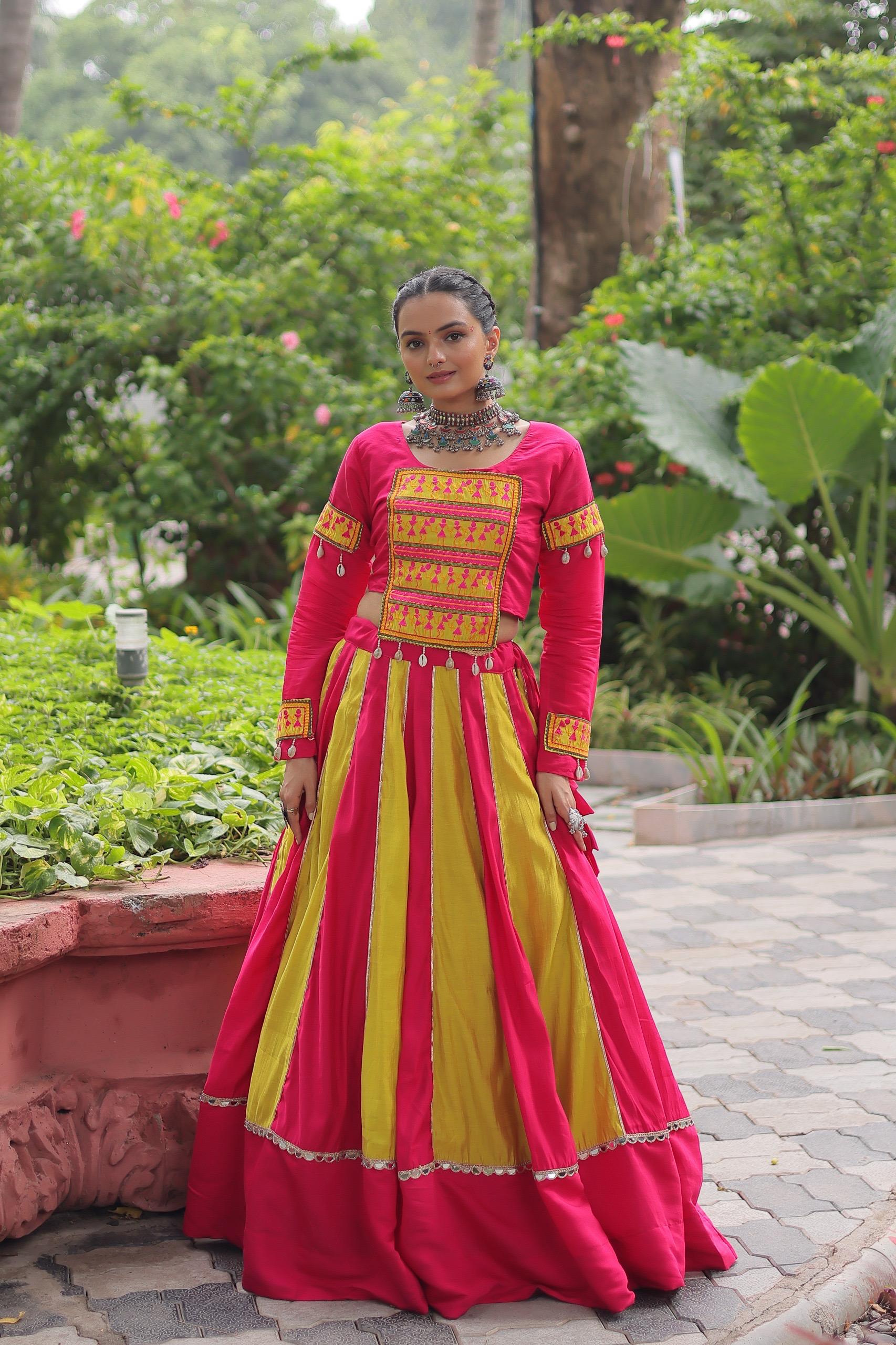 Prazu Fashion Pink Roman With Gamthi Thread Embroidered Work Lehenga For Navratri