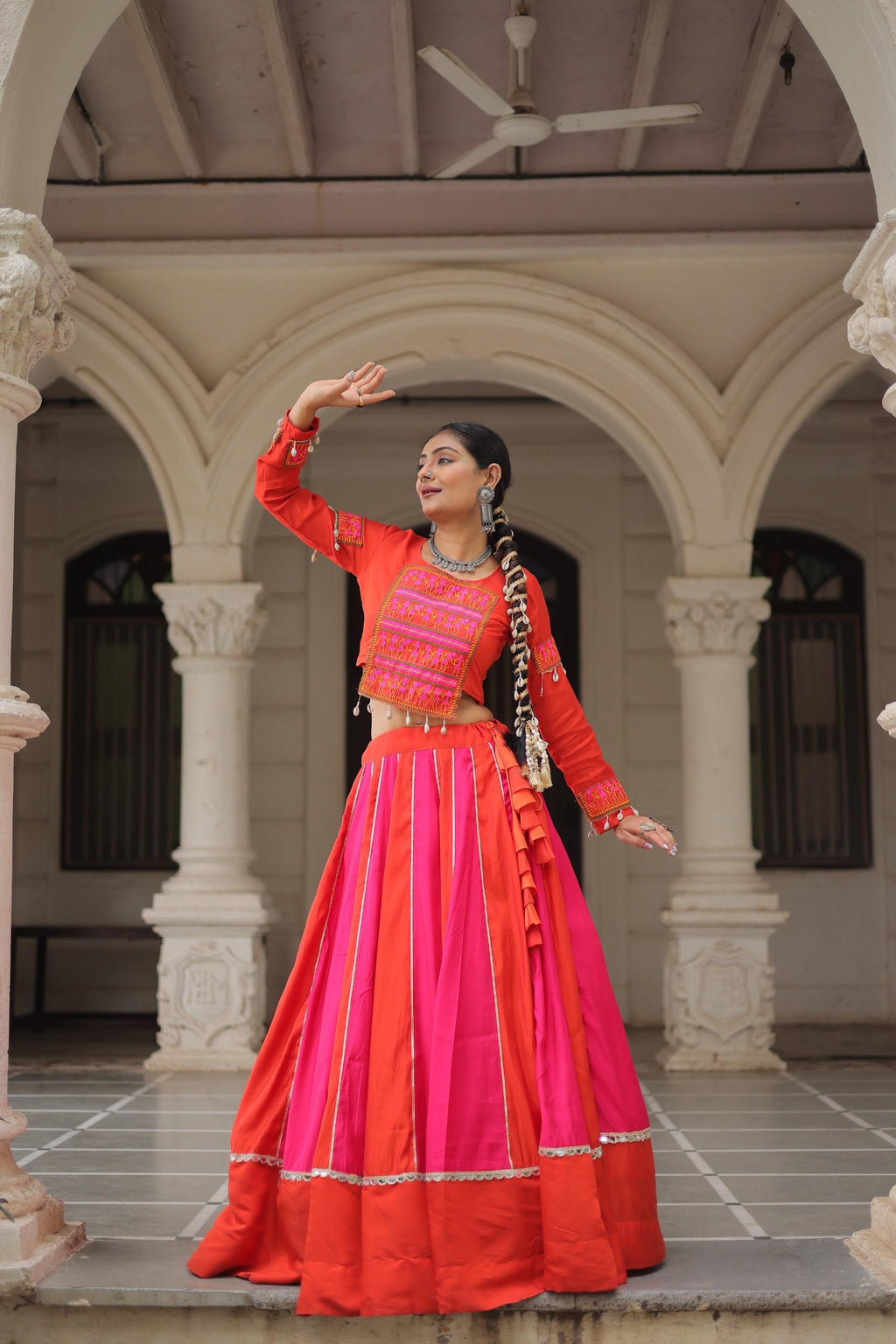 Prazu Fashion Red Roman With Gamthi Thread Embroidered Work Lehenga For Navratri