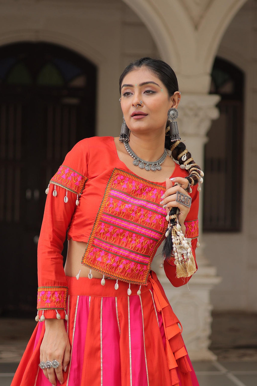 Prazu Fashion Red Roman With Gamthi Thread Embroidered Work Lehenga For Navratri