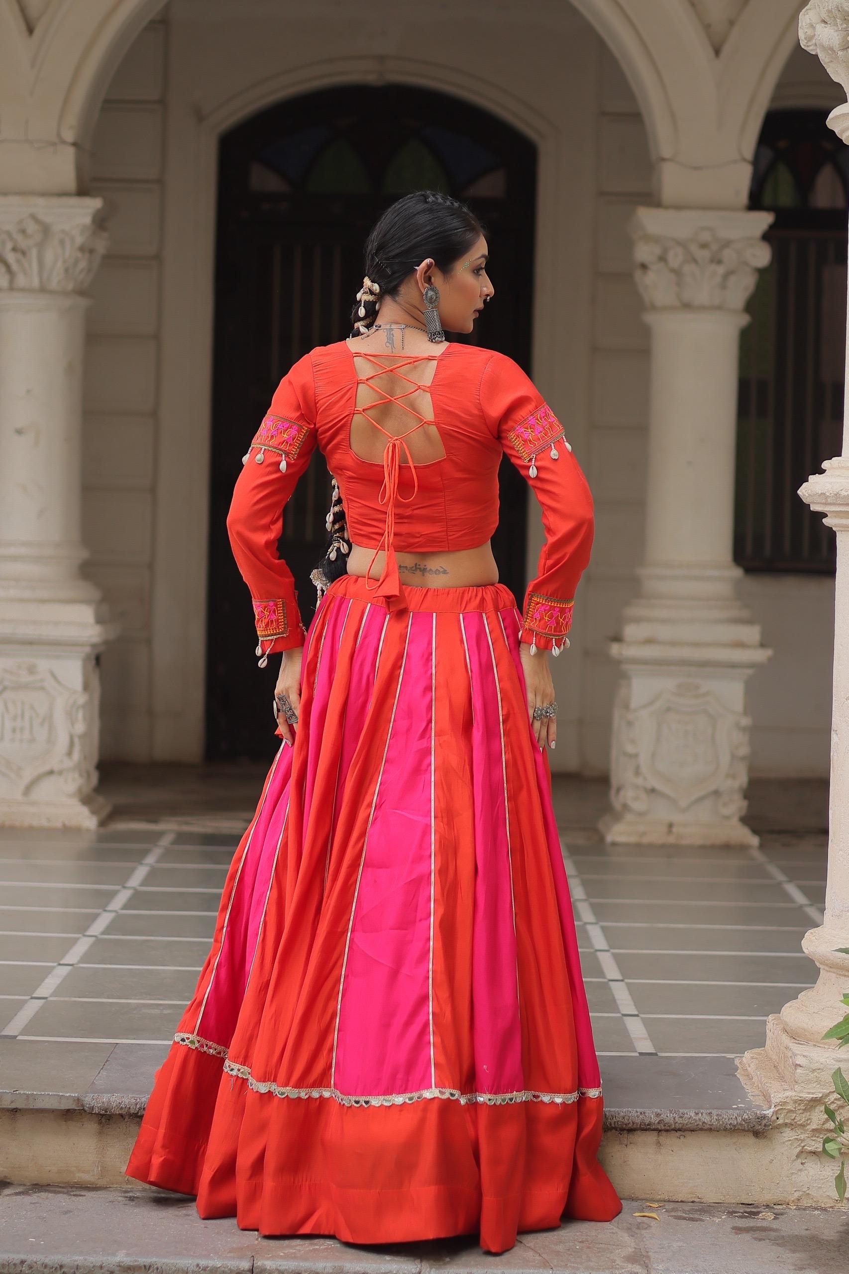 Prazu Fashion Red Roman With Gamthi Thread Embroidered Work Lehenga For Navratri
