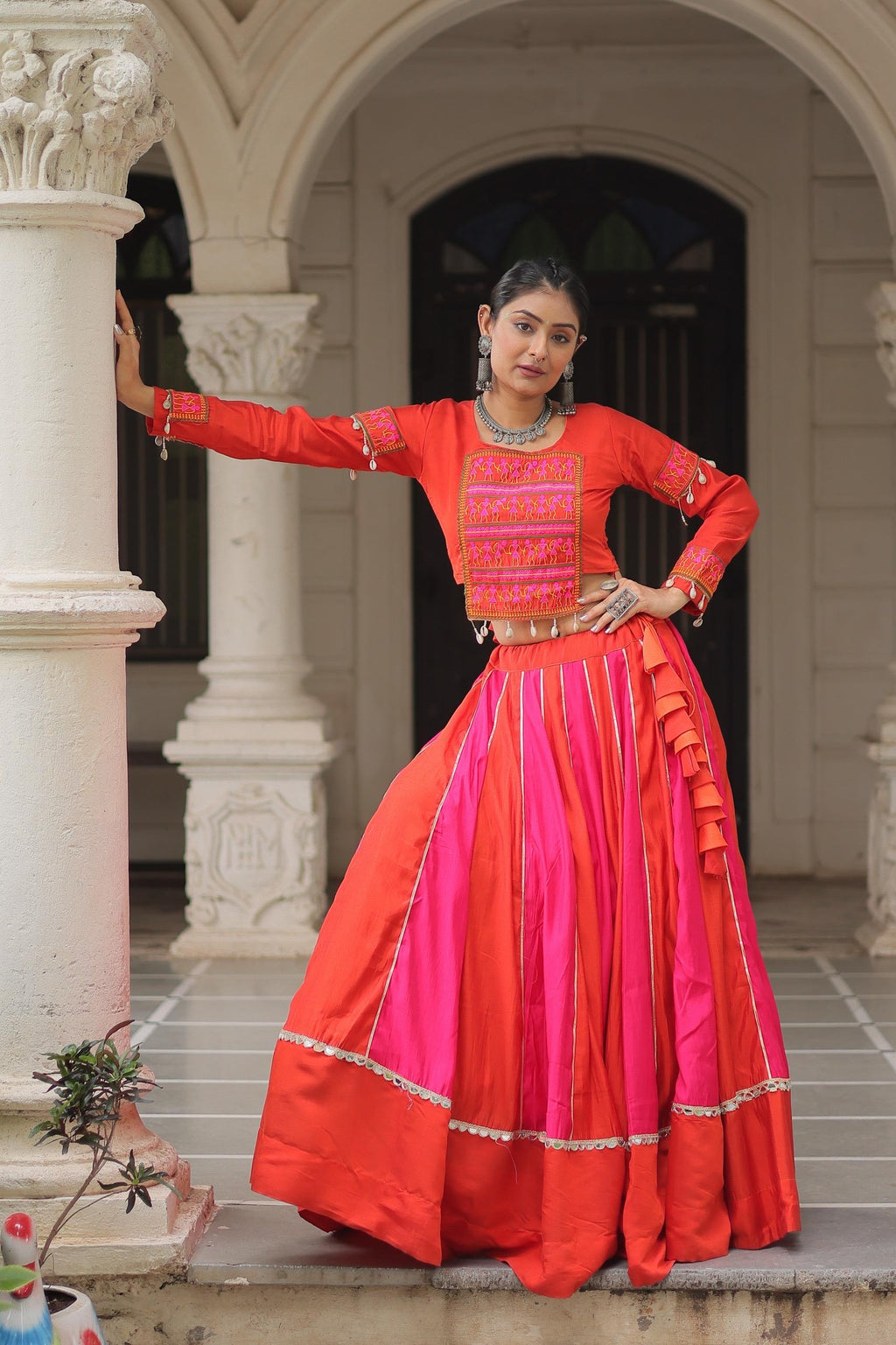 Prazu Fashion Red Roman With Gamthi Thread Embroidered Work Lehenga For Navratri