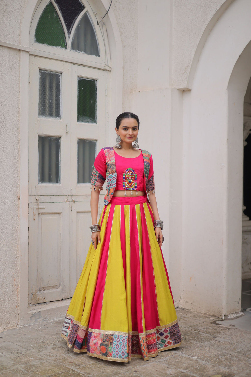 Lorenvalley Fashion Multicolor Roman Silk with attractive Maslin Crochet Print & Gotta lace embellished work Lehenga Choli