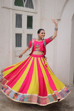 Lorenvalley Fashion Multicolor Roman Silk with attractive Maslin Crochet Print & Gotta lace embellished work Lehenga Choli