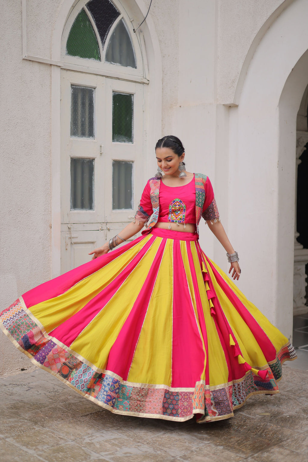 Lorenvalley Fashion Multicolor Roman Silk with attractive Maslin Crochet Print & Gotta lace embellished work Lehenga Choli