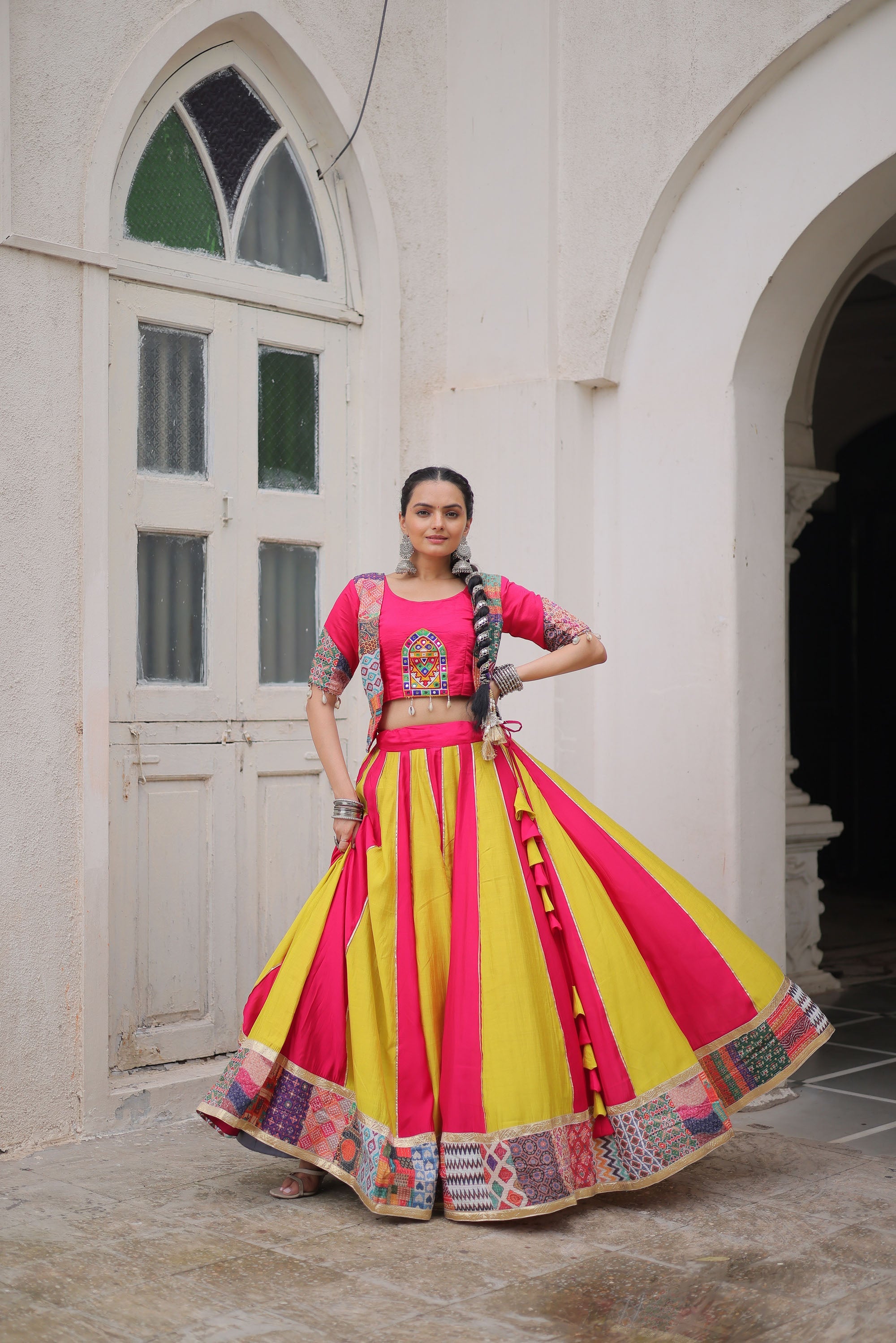 Lorenvalley Fashion Multicolor Roman Silk with attractive Maslin Crochet Print & Gotta lace embellished work Lehenga Choli