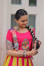 Lorenvalley Fashion Multicolor Roman Silk with attractive Maslin Crochet Print & Gotta lace embellished work Lehenga Choli