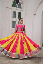 Prazu Fashion Pink Roman With Attractive Maslin Crochet Print Lehenga For Navratri
