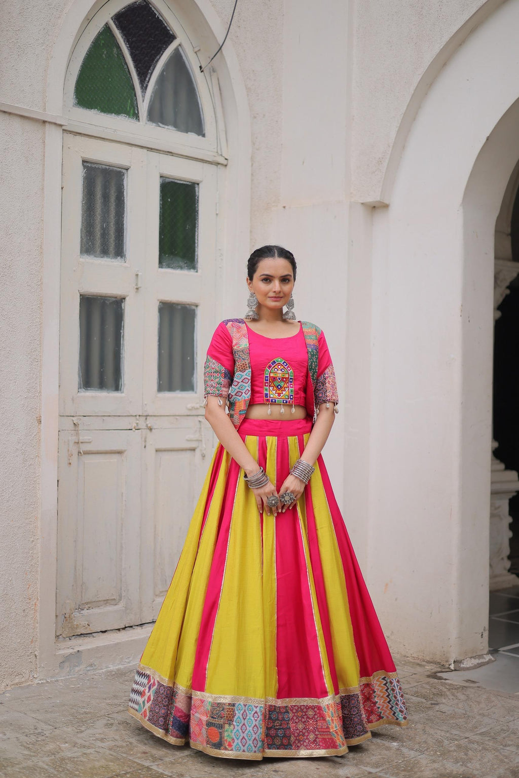 Prazu Fashion Pink Roman With Attractive Maslin Crochet Print Lehenga For Navratri