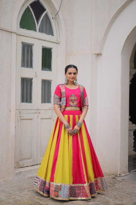 Prazu Fashion Pink Roman With Attractive Maslin Crochet Print Lehenga For Navratri