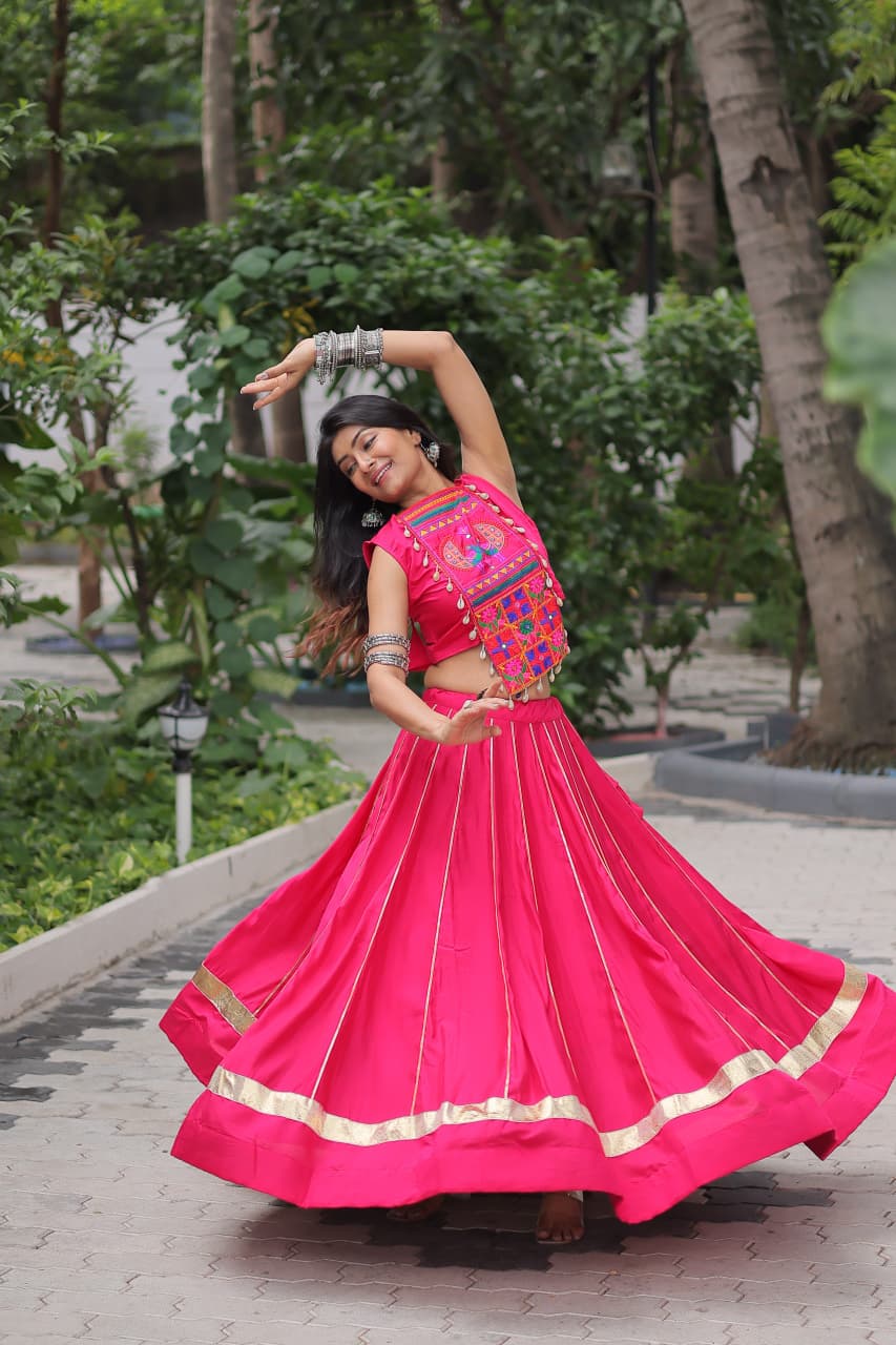 Prazu Fashion Pink Roman Silk Kutchi Gamthi Embroidered & Mirror Work Navaratri Lehenga