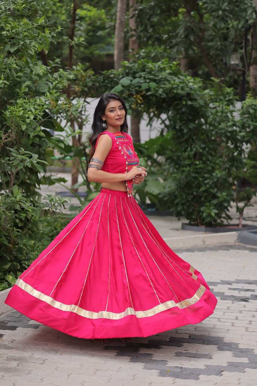 Prazu Fashion Pink Roman Silk Kutchi Gamthi Embroidered & Mirror Work Navaratri Lehenga
