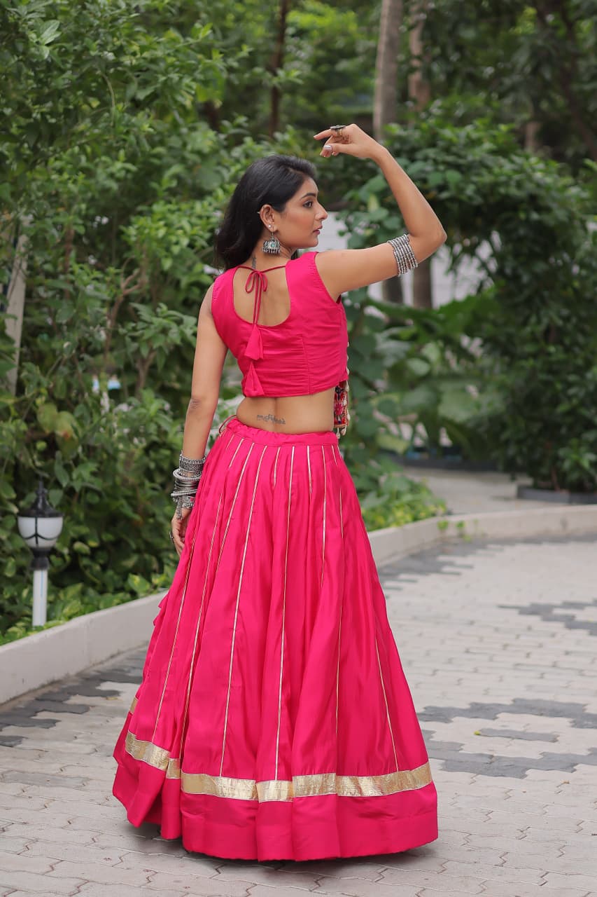 Prazu Fashion Pink Roman Silk Kutchi Gamthi Embroidered & Mirror Work Navaratri Lehenga
