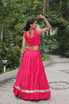 Prazu Fashion Pink Roman Silk Kutchi Gamthi Embroidered & Mirror Work Navaratri Lehenga