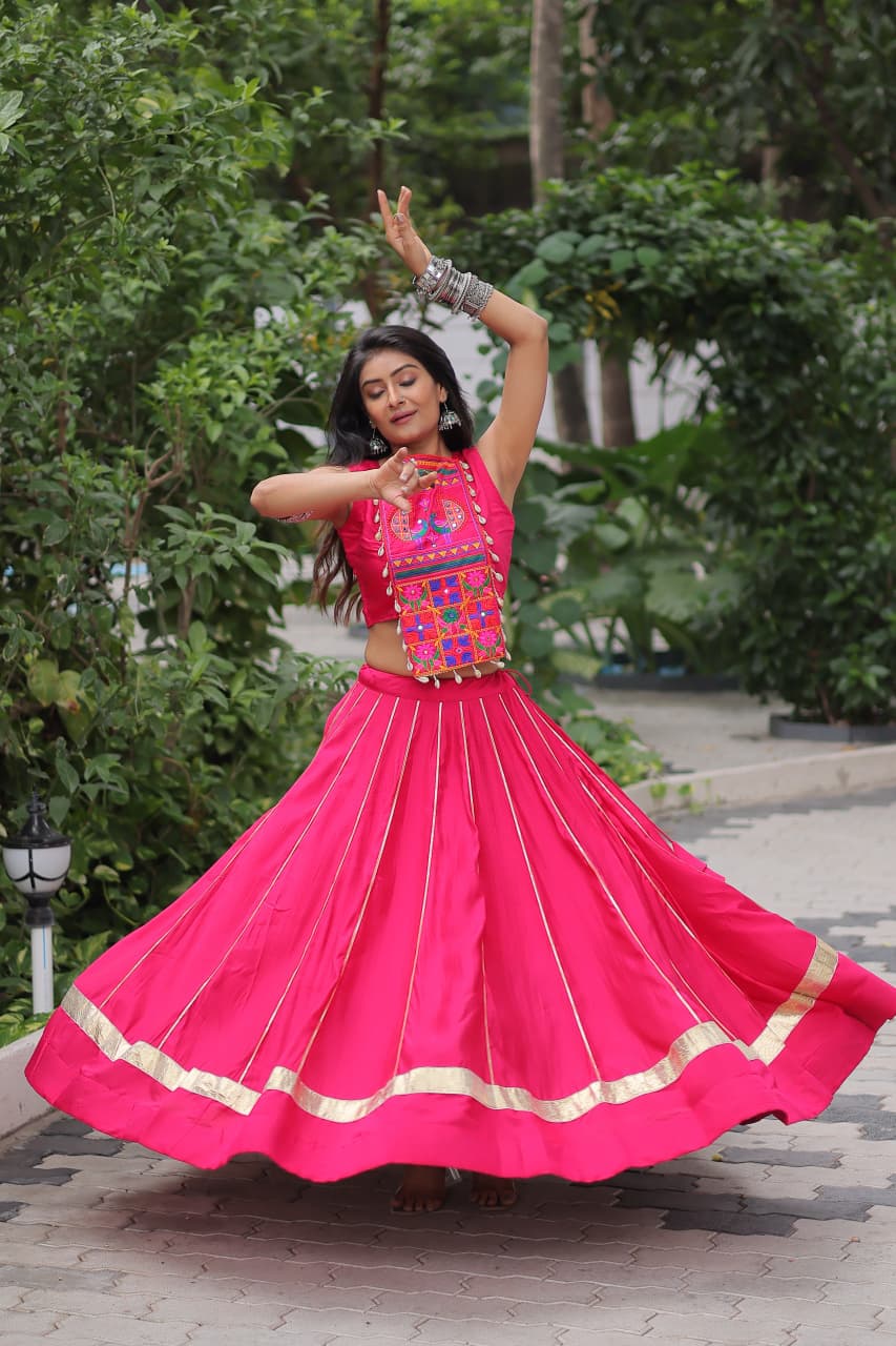 Prazu Fashion Pink Roman Silk Kutchi Gamthi Embroidered & Mirror Work Navaratri Lehenga