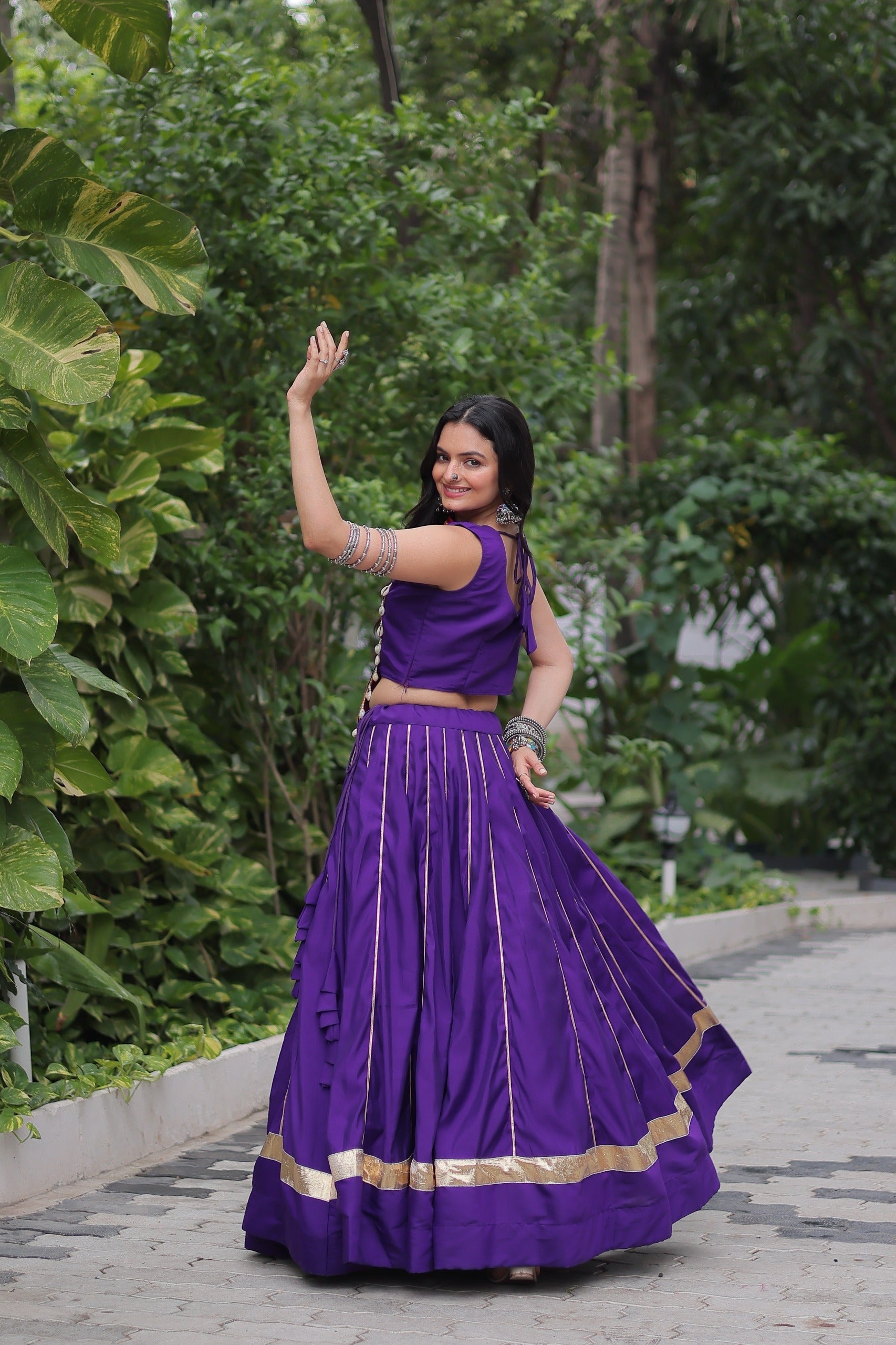 Prazu Fashion Purple Roman Silk Kutchi Gamthi Embroidered & Mirror Work Navaratri Lehenga