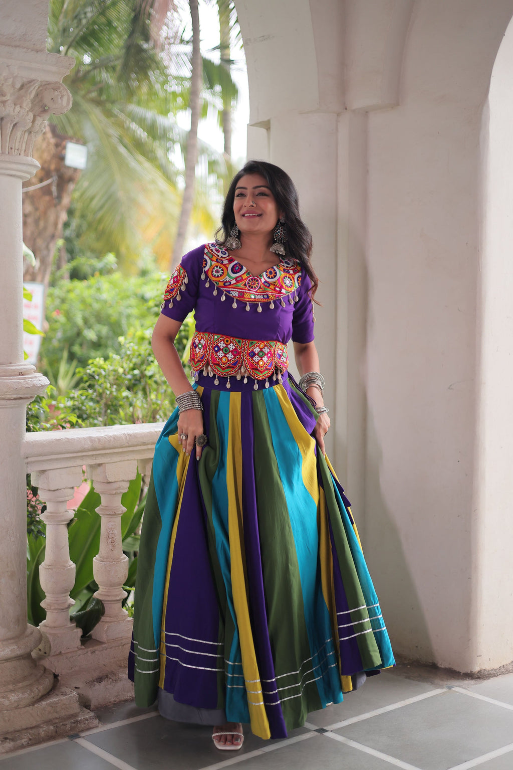Lorenvalley Fashion Multicolor Roman Silk with Attractive Colour Combination Roman Fabric Gota Lace work Lehenga Choli
