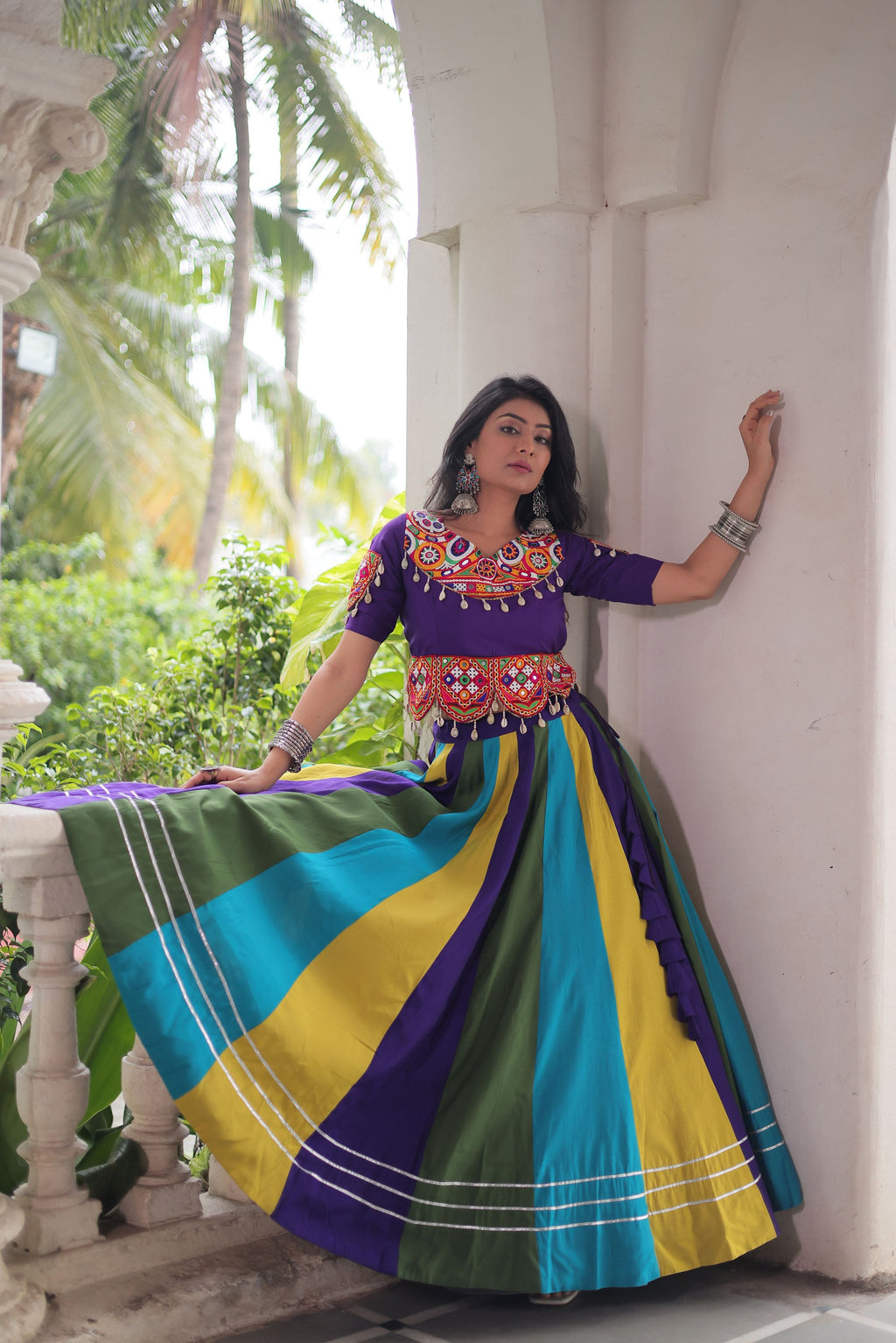 Lorenvalley Fashion Multicolor Roman Silk with Attractive Colour Combination Roman Fabric Gota Lace work Lehenga Choli