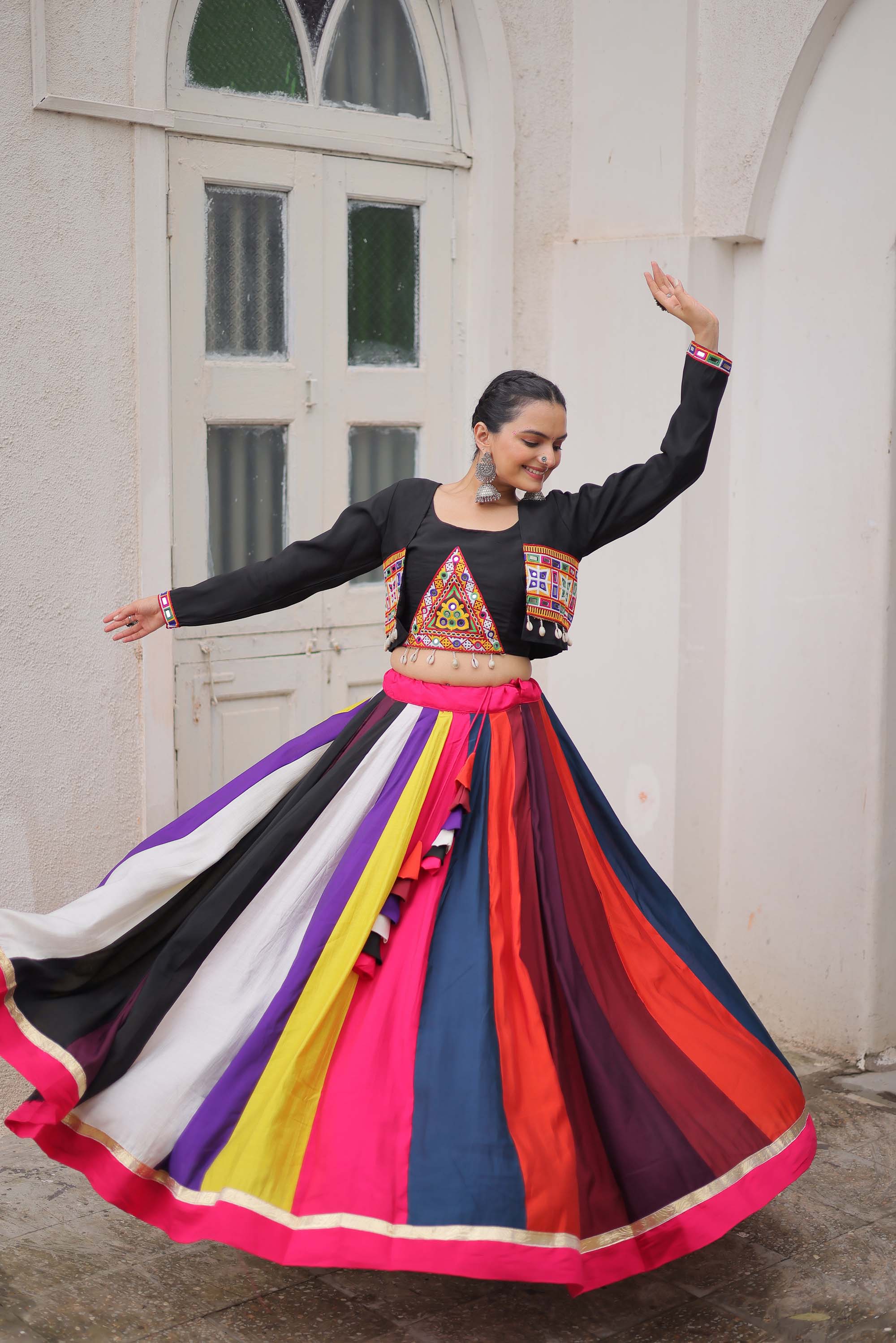 Lorenvalley Fashion Multicolor Roman Silk with Attractive Colour Combination Roman Fabrics Lace work Lehenga Choli
