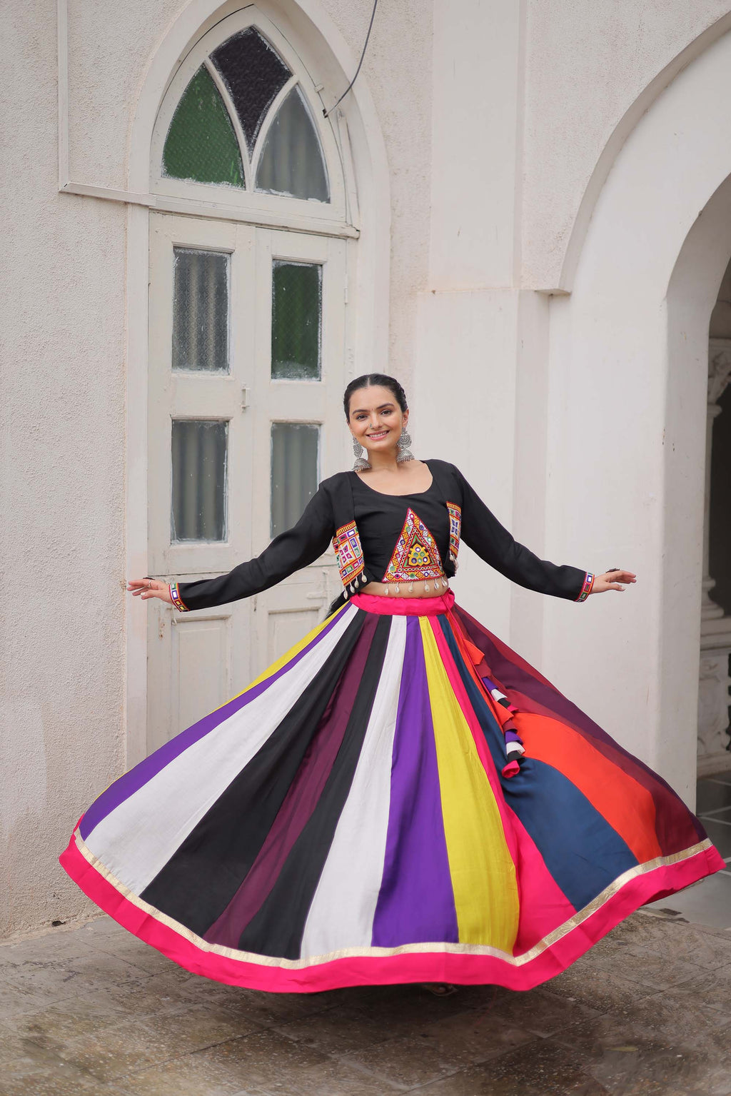 Lorenvalley Fashion Multicolor Roman Silk with Attractive Colour Combination Roman Fabrics Lace work Lehenga Choli