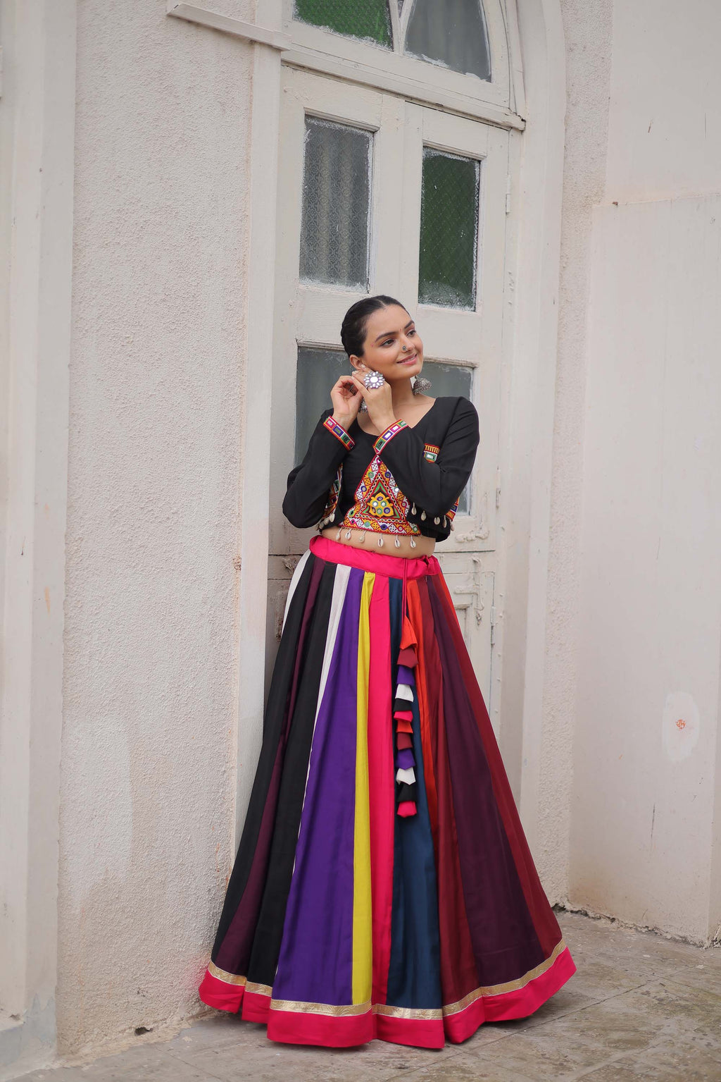 Lorenvalley Fashion Multicolor Roman Silk with Attractive Colour Combination Roman Fabrics Lace work Lehenga Choli