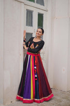 Lorenvalley Fashion Multicolor Roman Silk with Attractive Colour Combination Roman Fabrics Lace work Lehenga Choli