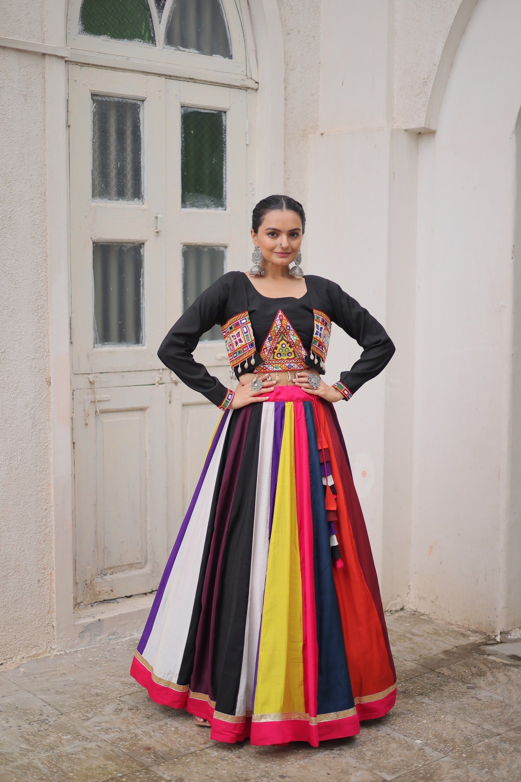 Prazu Fashion Black Roman With Gamthi Embroidered Lehenga For Navratri