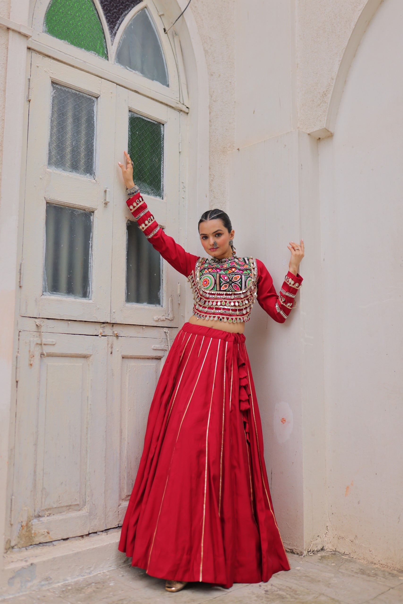 Prazu Fashion Maroon Roman Kutchi Gamthi Embroidered Work Lehenga For Navratri
