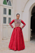 Prazu Fashion Maroon Roman Kutchi Gamthi Embroidered Work Lehenga For Navratri